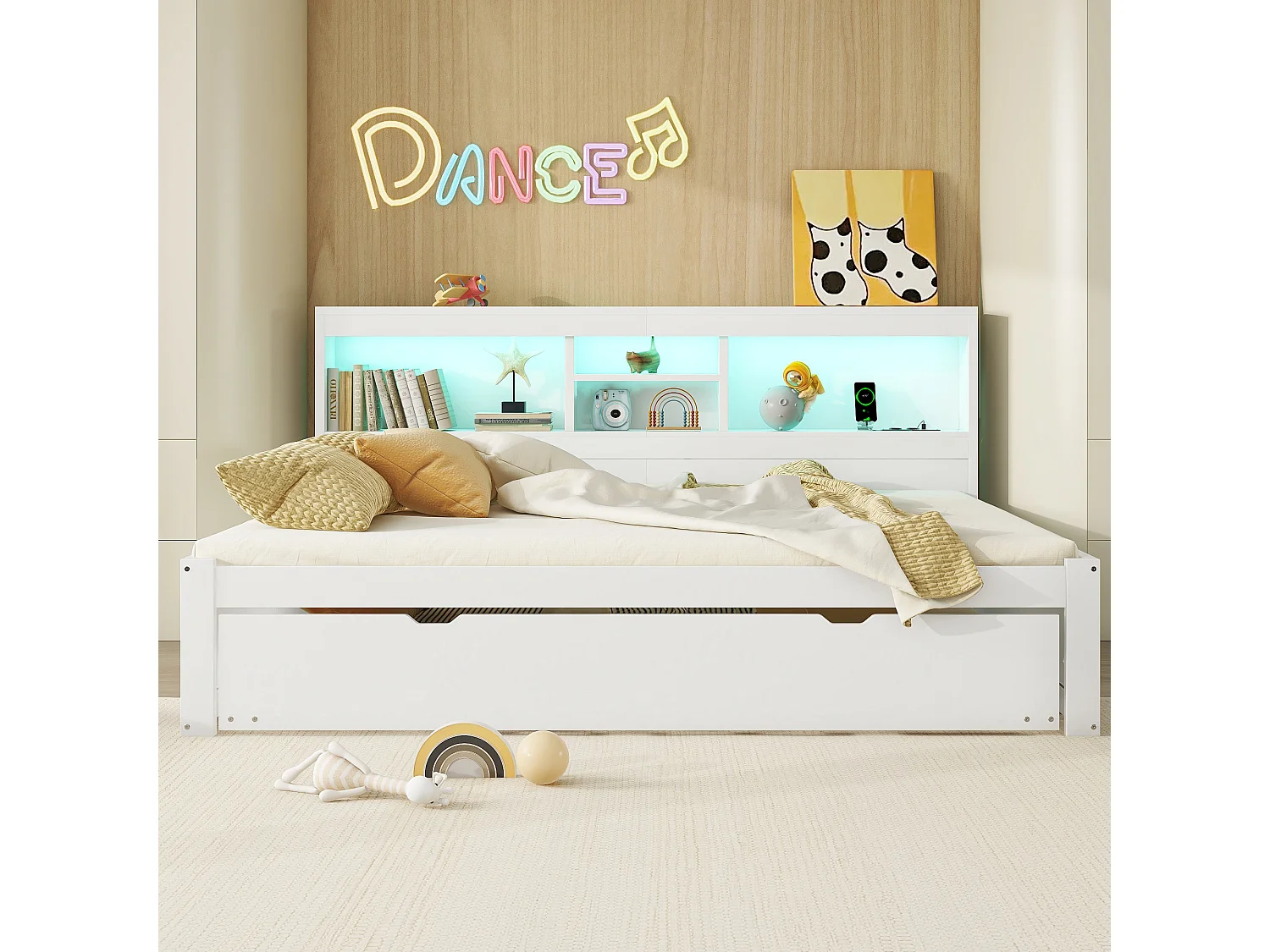 Letto estraibile 140 x 200 cm + 90 x 190 cm con scomparti e prese USB - LED - Truciolato + MDF - Bianco (senza materasso)