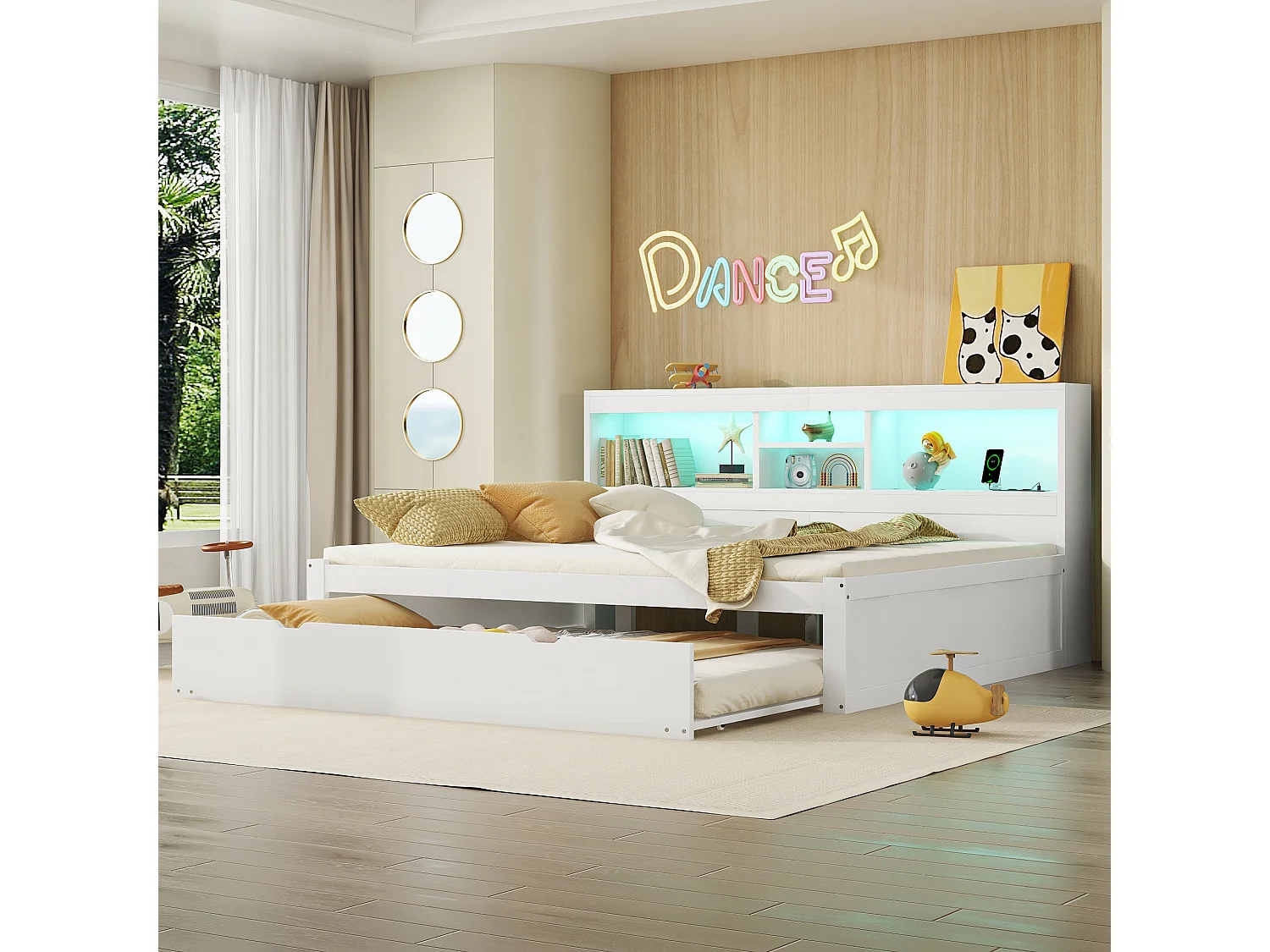 Letto estraibile 140 x 200 cm + 90 x 190 cm con scomparti e prese USB - LED - Truciolato + MDF - Bianco (senza materasso)