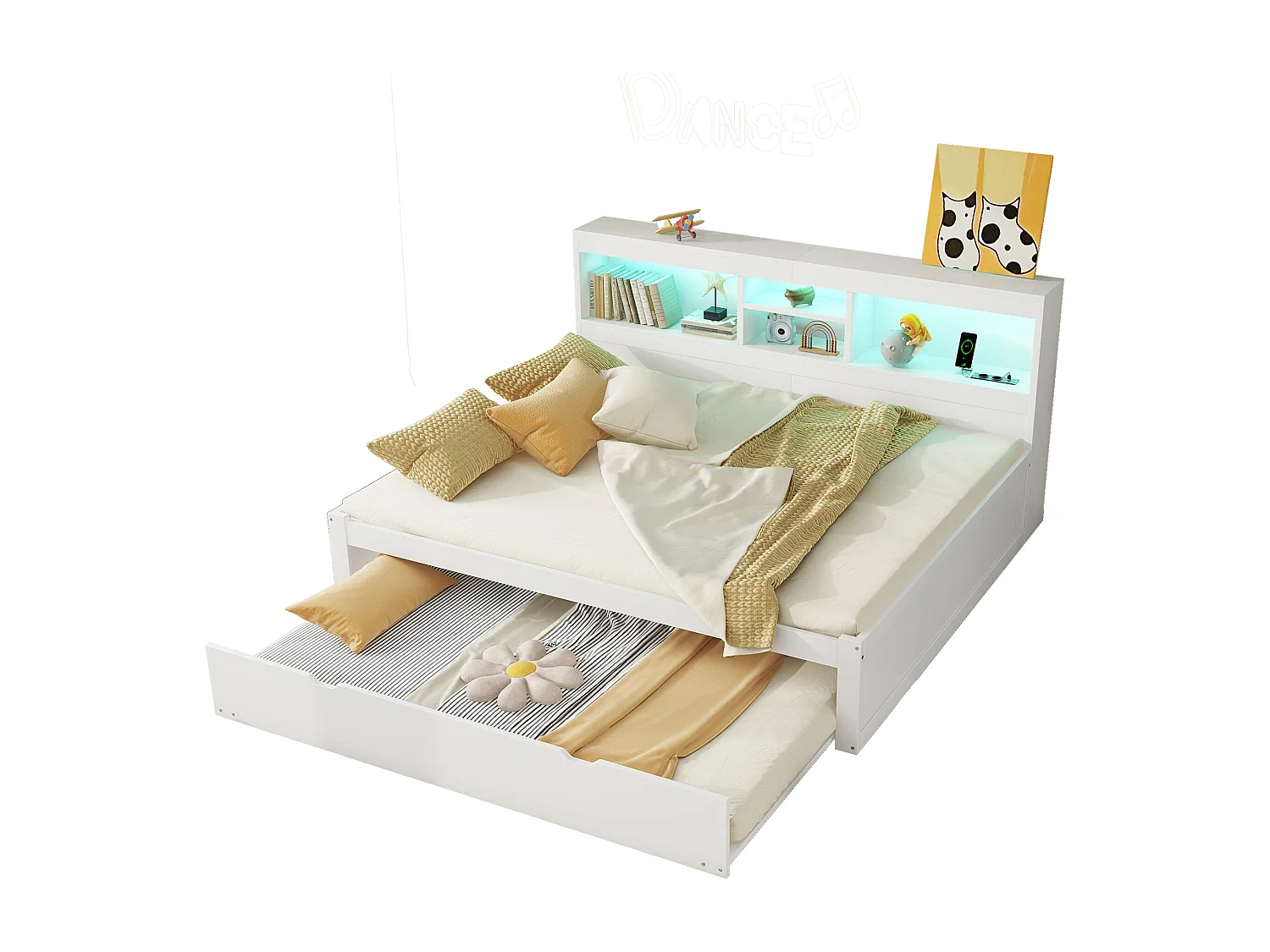 Letto estraibile 140 x 200 cm + 90 x 190 cm con scomparti e prese USB - LED - Truciolato + MDF - Bianco (senza materasso)