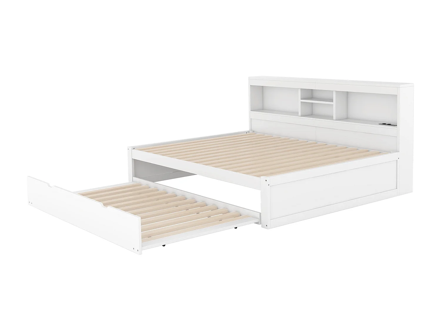 Letto estraibile 140 x 200 cm + 90 x 190 cm con scomparti e prese USB - LED - Truciolato + MDF - Bianco (senza materasso)