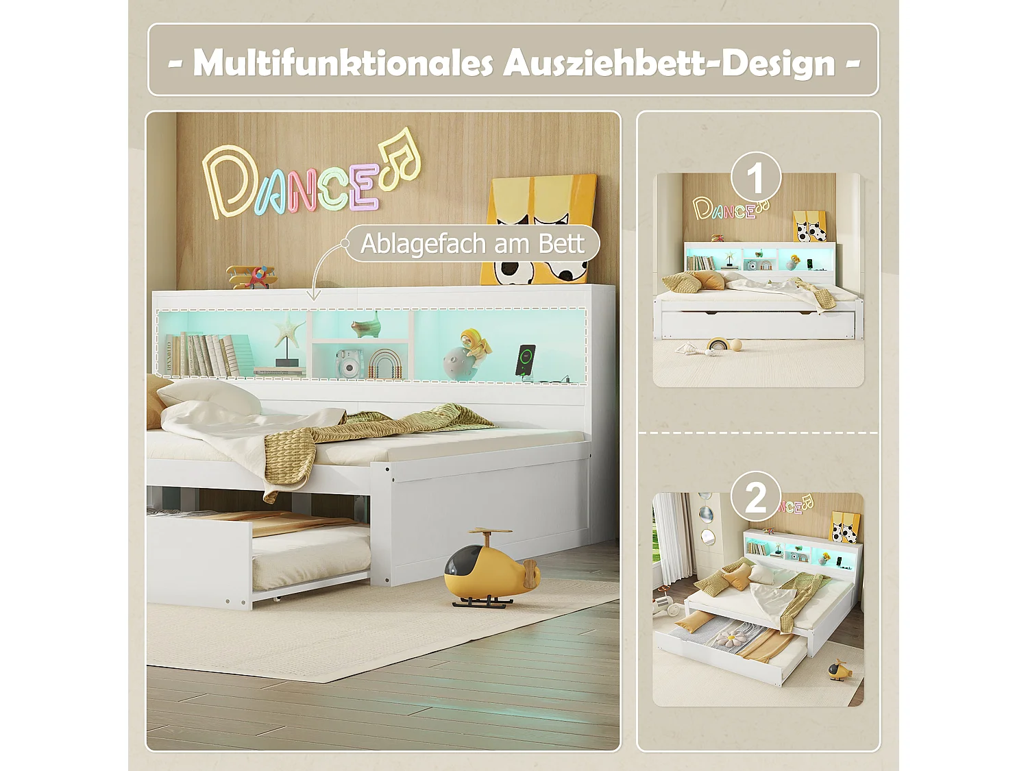 Lit gigogne 140 x 200 cm + 90 x 190 cm avec compartiments et prises USB - LEDs - Aggloméré + MDF - Blanc (sans matelas)