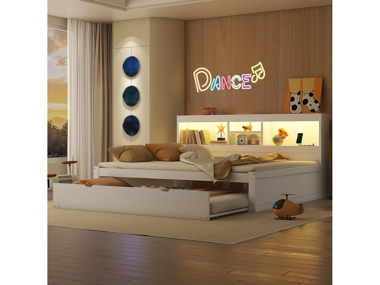 Lit gigogne 140 x 200 cm + 90 x 190 cm avec compartiments et prises USB - LEDs - Aggloméré + MDF - Blanc (sans matelas)