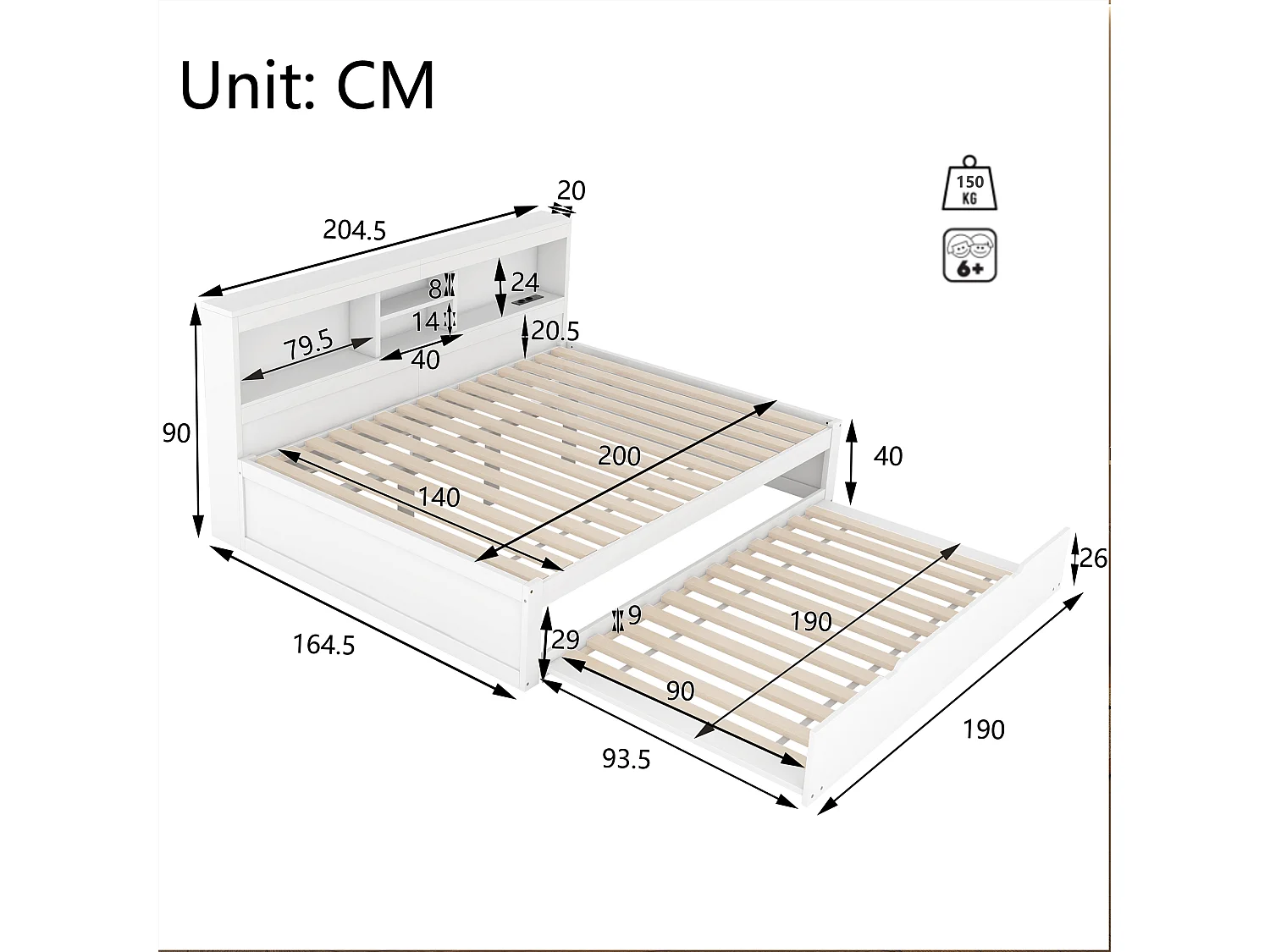 Lit gigogne 140 x 200 cm + 90 x 190 cm avec compartiments et prises USB - LEDs - Aggloméré + MDF - Blanc (sans matelas)