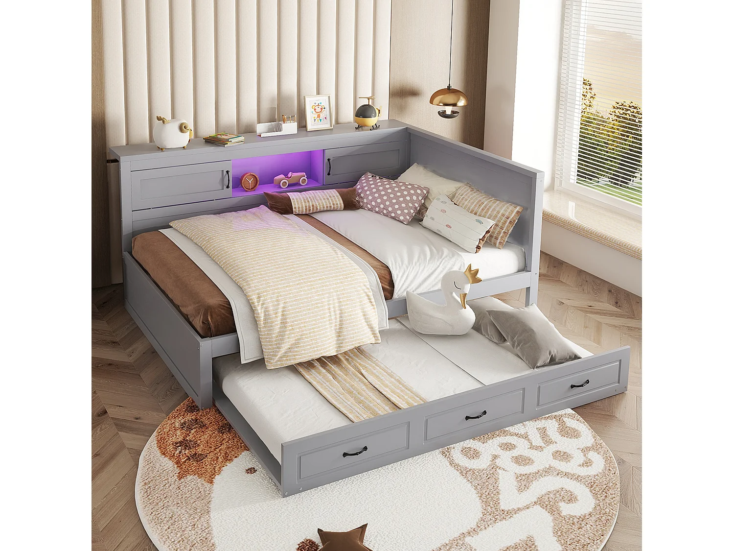 Łóżko wysuwane 140 x 200 cm + 90 x 190 cm z 2 drzwiami przesuwnymi i portami USB - LED - Płyta wiórowa + MDF - Szare (bez materaca)