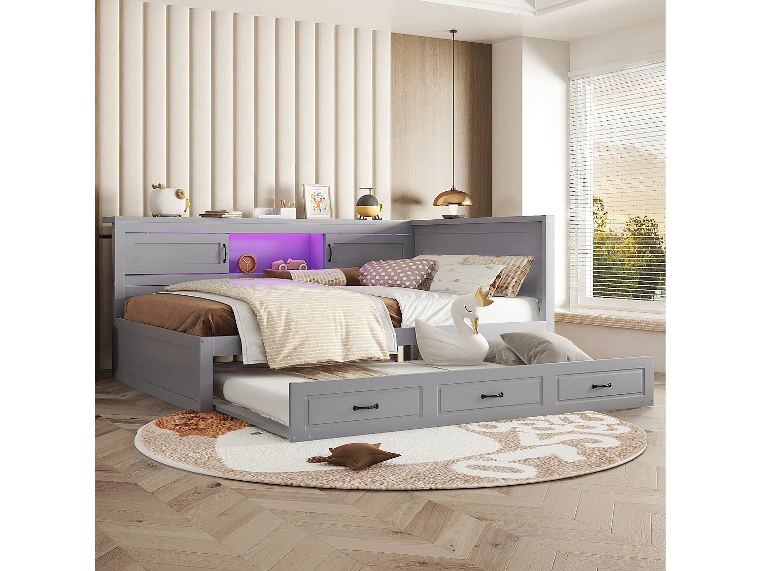 Łóżko wysuwane 140 x 200 cm + 90 x 190 cm z 2 drzwiami przesuwnymi i portami USB - LED - Płyta wiórowa + MDF - Szare (bez materaca)