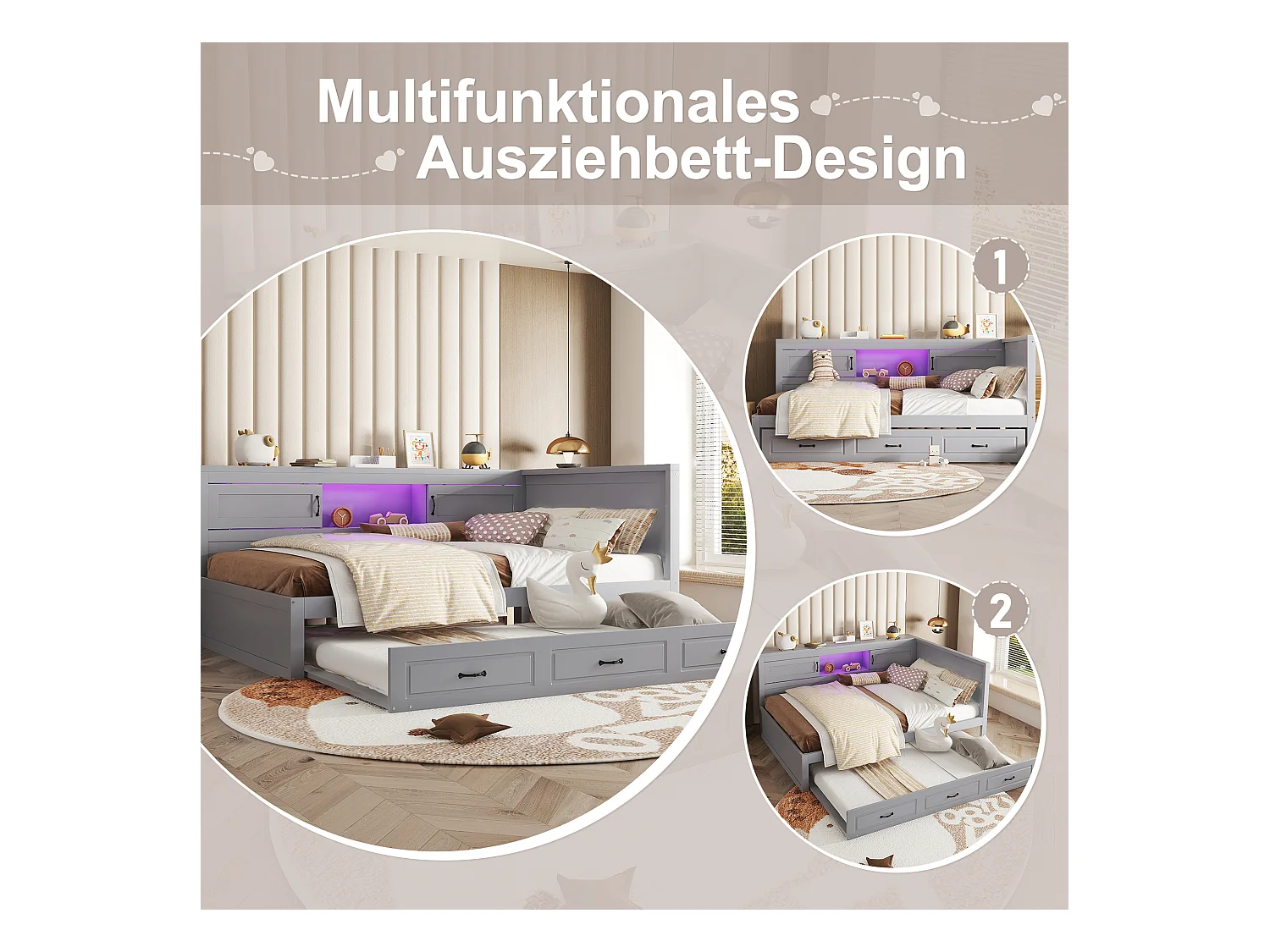 Lit gigogne 140 x 200 cm + 90 x 190 cm avec 2 portes coulissantes et prises USB - LEDs - Aggloméré + MDF - Gris (sans matelas)
