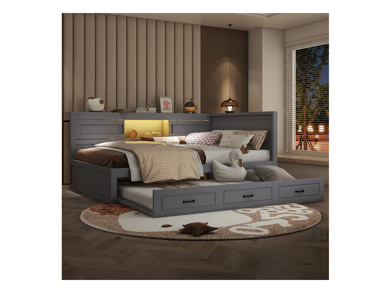 Lit gigogne 140 x 200 cm + 90 x 190 cm avec 2 portes coulissantes et prises USB - LEDs - Aggloméré + MDF - Gris (sans matelas)