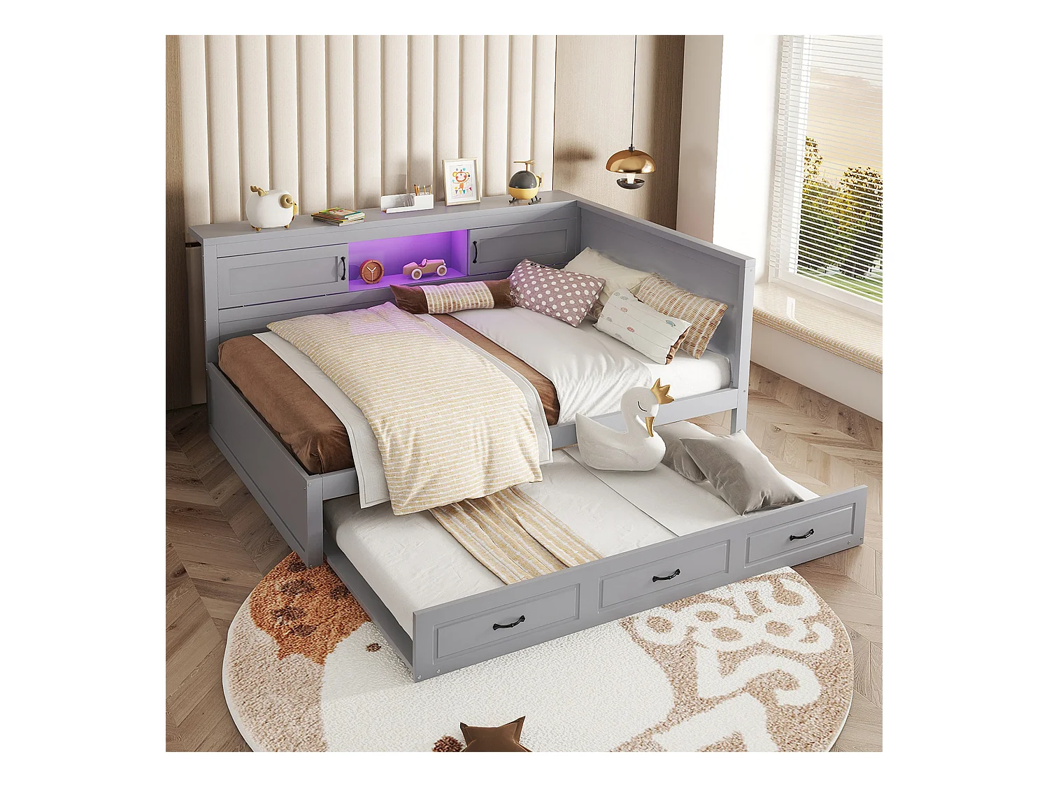 Lit gigogne 140 x 200 cm + 90 x 190 cm avec 2 portes coulissantes et prises USB - LEDs - Aggloméré + MDF - Gris (sans matelas)