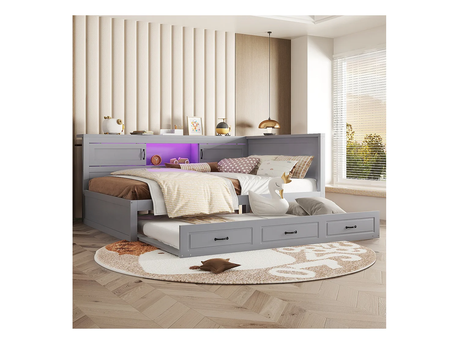 Lit gigogne 140 x 200 cm + 90 x 190 cm avec 2 portes coulissantes et prises USB - LEDs - Aggloméré + MDF - Gris (sans matelas)