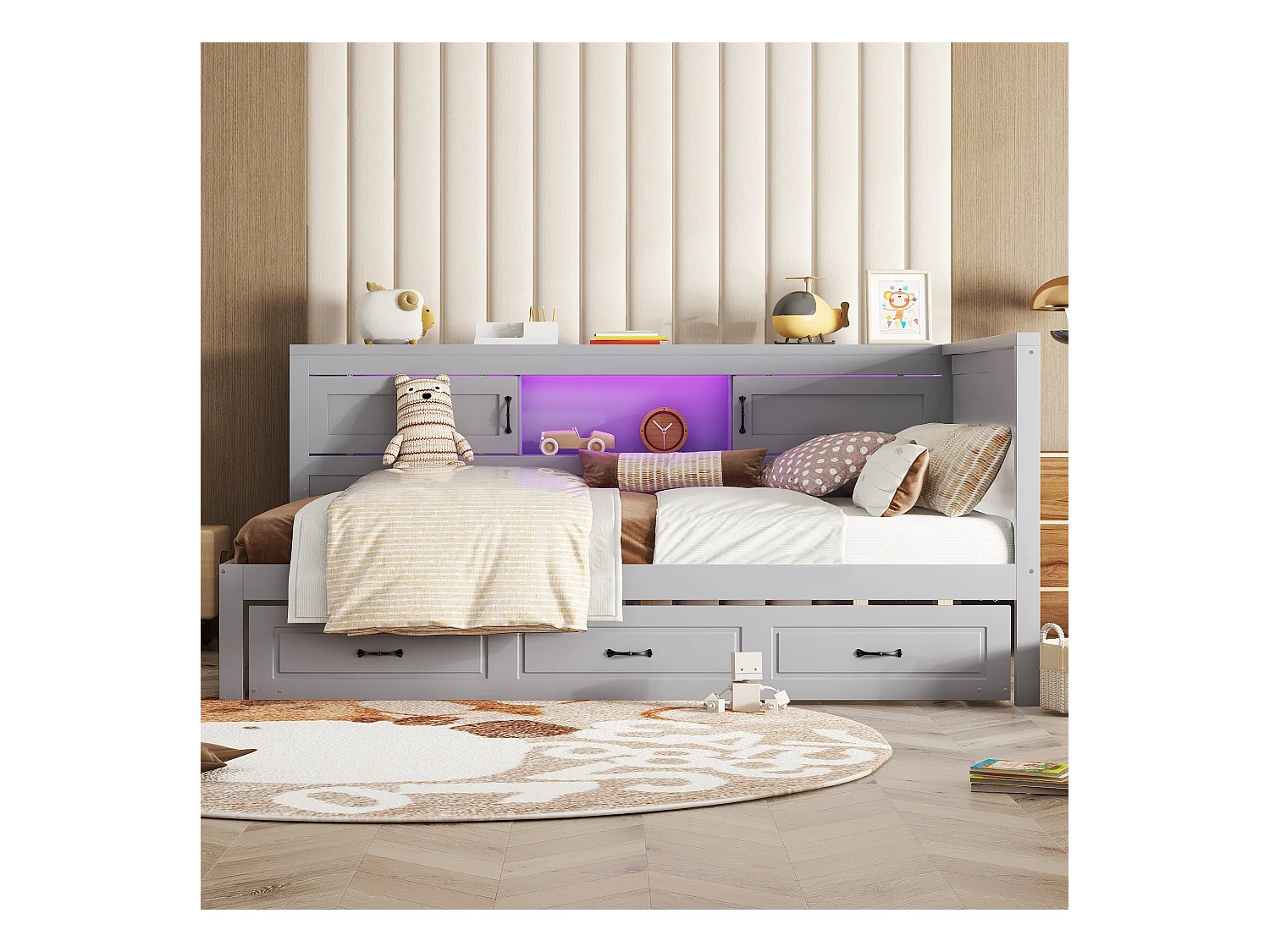 Lit gigogne 140 x 200 cm + 90 x 190 cm avec 2 portes coulissantes et prises USB - LEDs - Aggloméré + MDF - Gris (sans matelas)