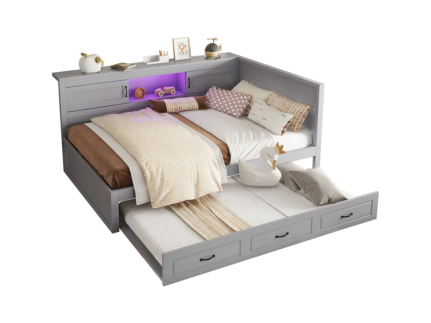 Lit gigogne 140 x 200 cm + 90 x 190 cm avec 2 portes coulissantes et prises USB - LEDs - Aggloméré + MDF - Gris (sans matelas)