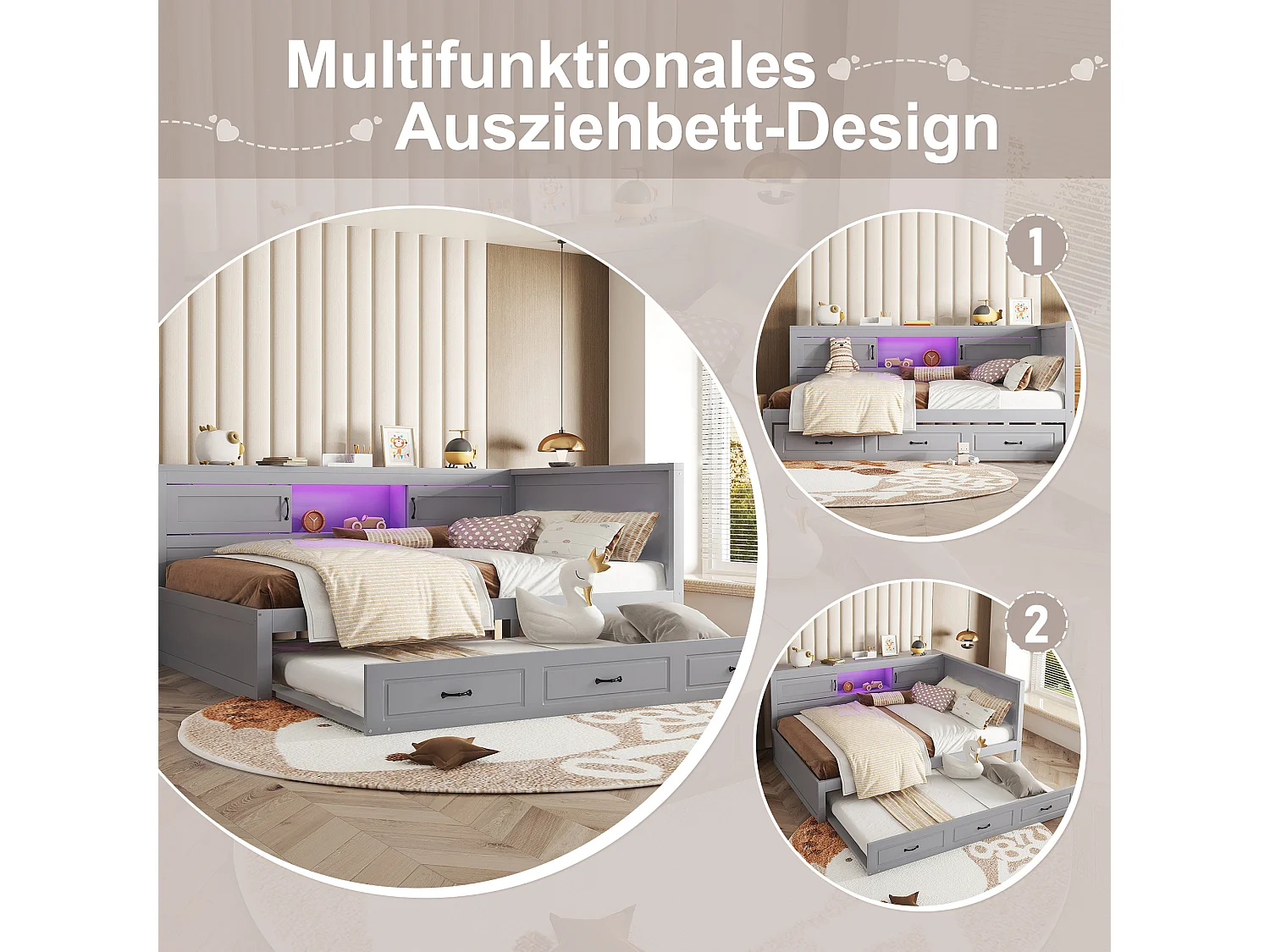 Lit gigogne 140 x 200 cm + 90 x 190 cm avec 2 portes coulissantes et prises USB - LEDs - Aggloméré + MDF - Gris (sans matelas)