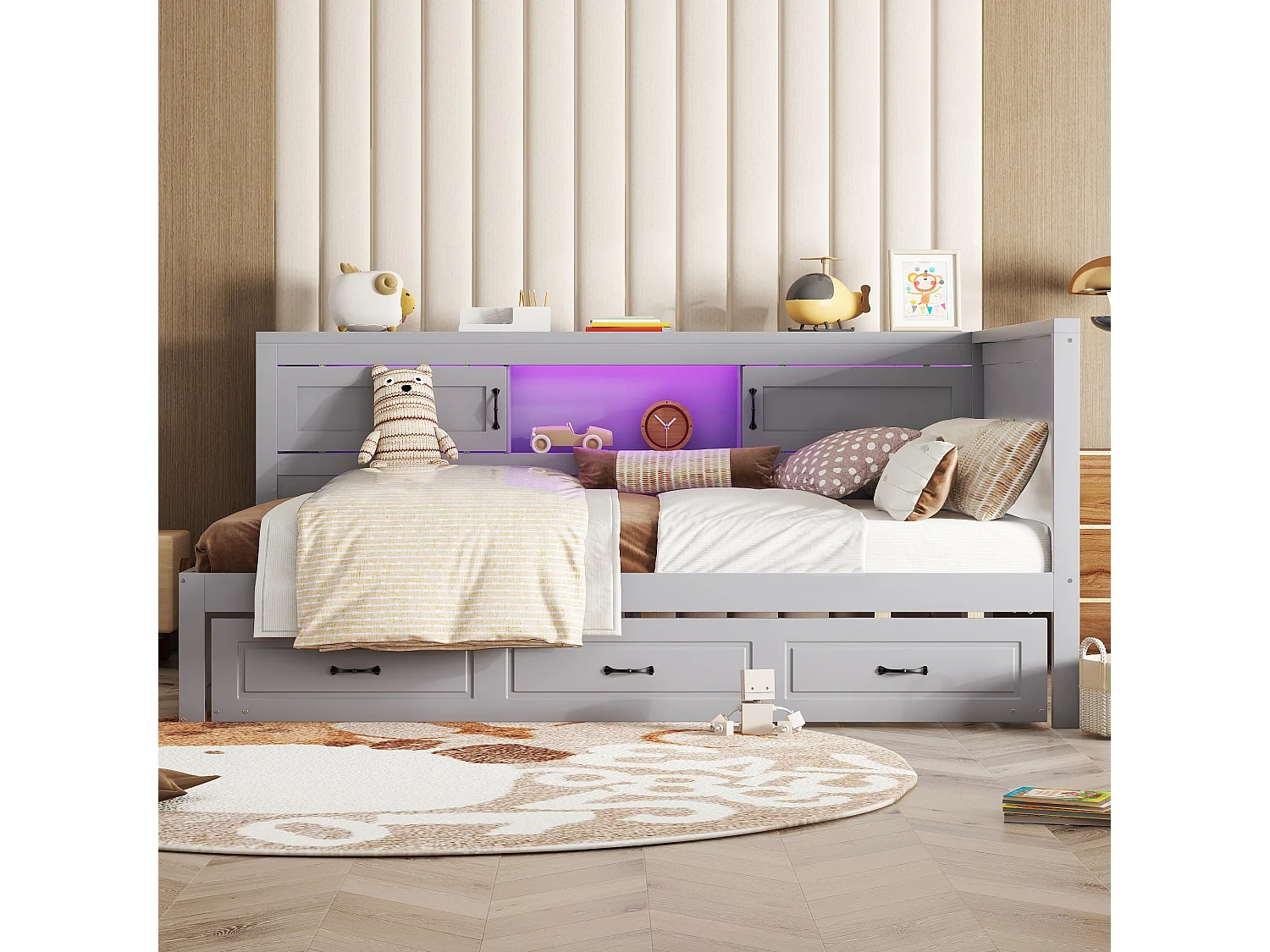 Lit gigogne 140 x 200 cm + 90 x 190 cm avec 2 portes coulissantes et prises USB - LEDs - Aggloméré + MDF - Gris (sans matelas)
