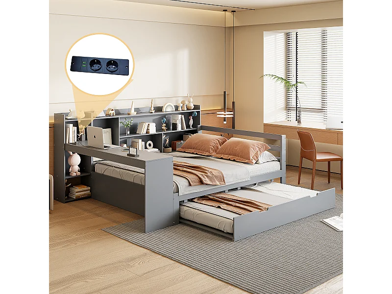 Ausziehbett 140 x 200 cm + 90 x 190 cm – mit Schreibtisch, Fächern und USB-Anschlüssen – Kiefer + Sperrholz + MDF – Grau
