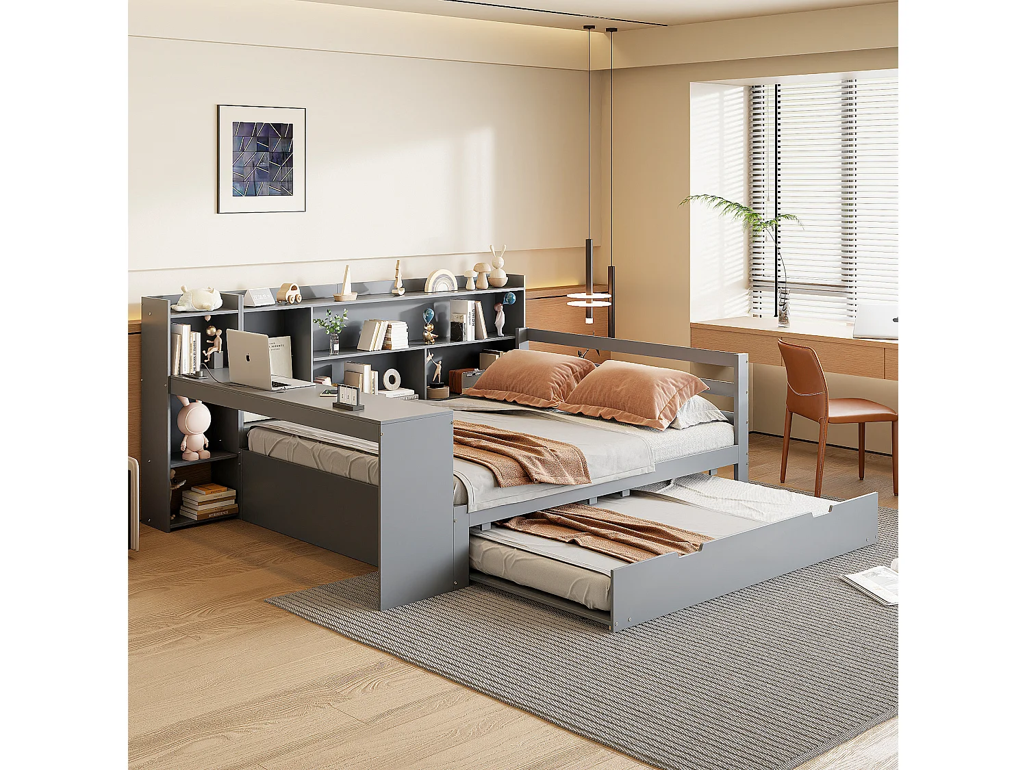 Lit gigogne 140 x 200 cm + 90 x 190 cm - avec bureau, compartiments et prises USB -  Pin + contreplaqué + MDF - Gris