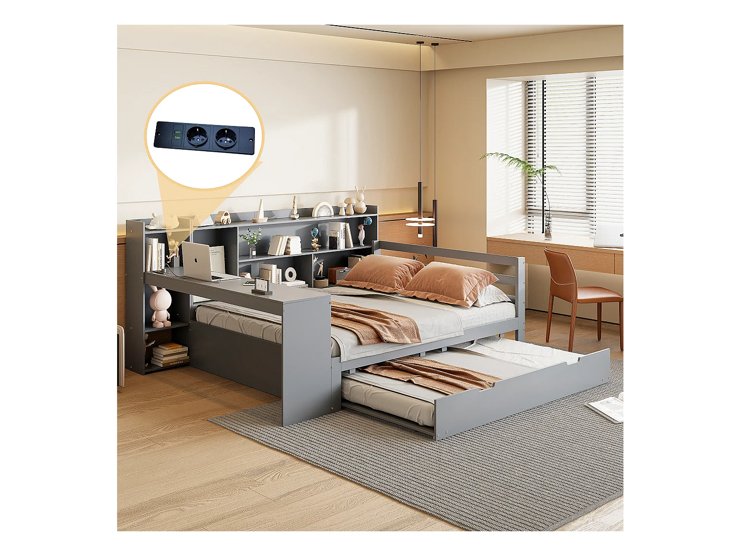 Lit gigogne 140 x 200 cm + 90 x 190 cm - avec bureau, compartiments et prises USB -  Pin + contreplaqué + MDF - Gris