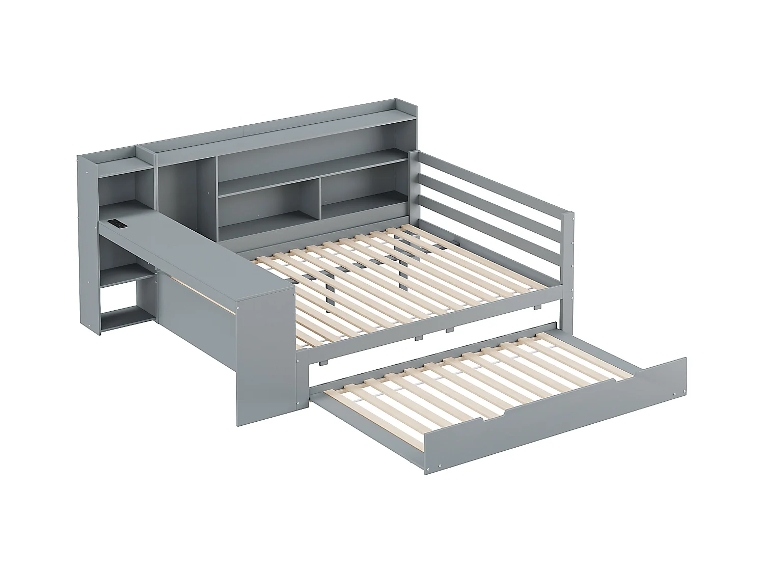 Cama nido 140x200 cm + 90x190 cm - con escritorio, compartimentos y tomas USB - Pino + contrachapado + MDF - Gris