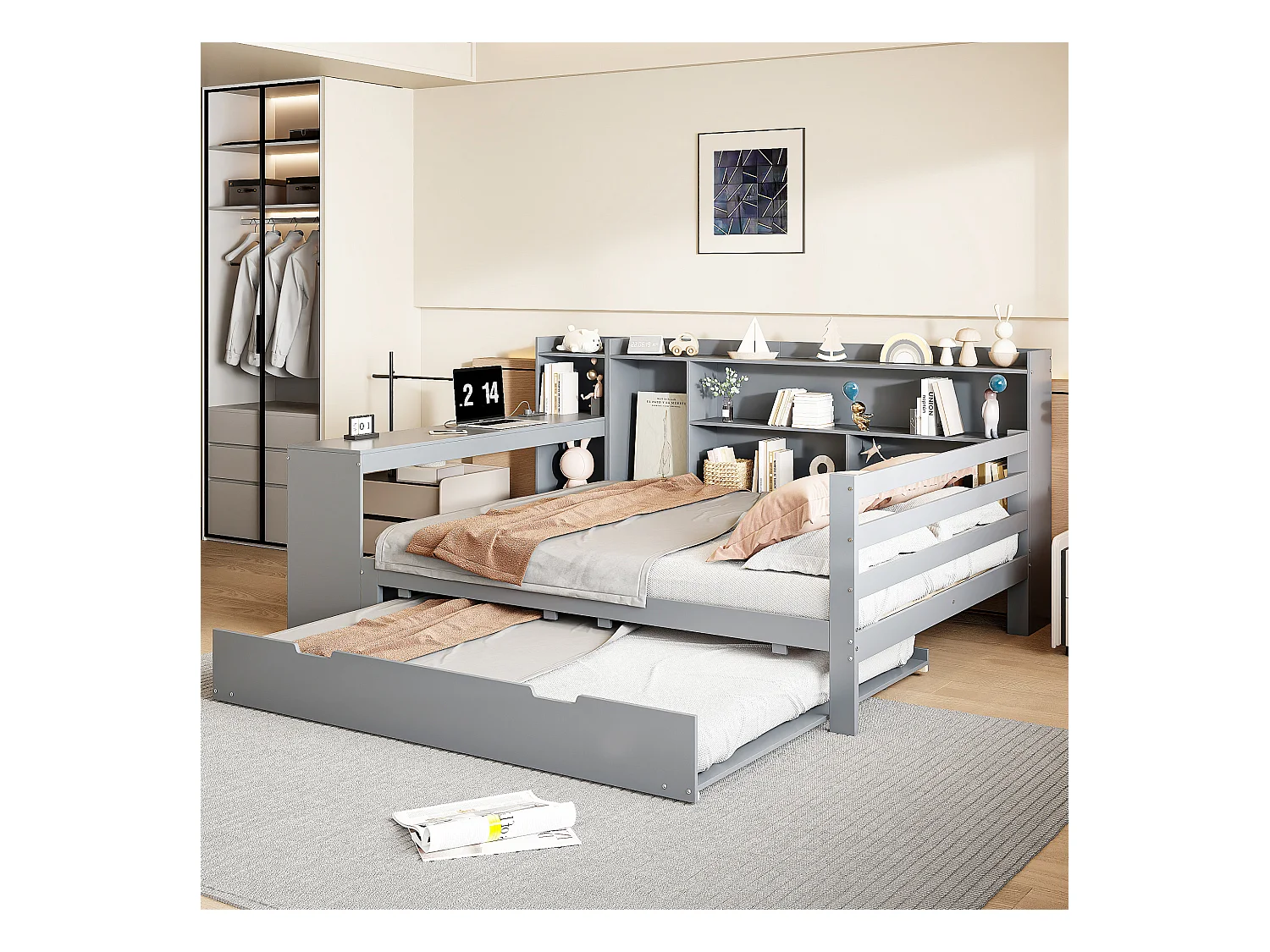 Cama nido 140x200 cm + 90x190 cm - con escritorio, compartimentos y tomas USB - Pino + contrachapado + MDF - Gris