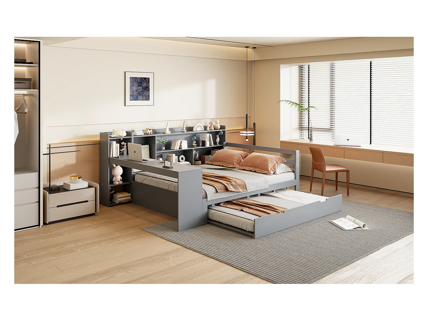 Cama nido 140x200 cm + 90x190 cm - con escritorio, compartimentos y tomas USB - Pino + contrachapado + MDF - Gris