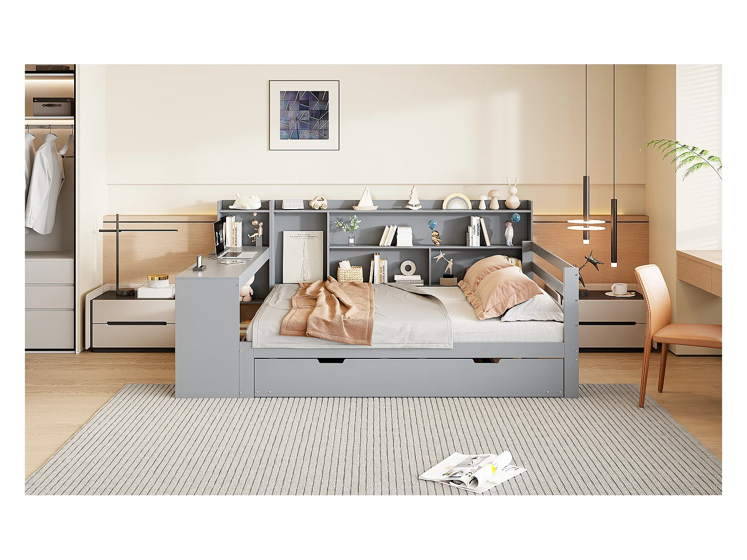 Cama nido 140x200 cm + 90x190 cm - con escritorio, compartimentos y tomas USB - Pino + contrachapado + MDF - Gris