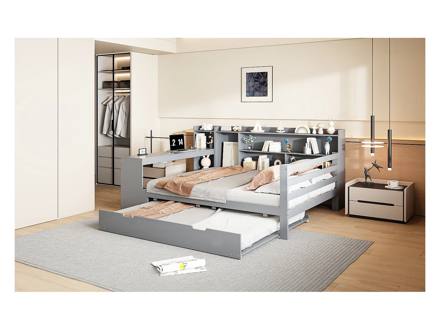 Cama nido 140x200 cm + 90x190 cm - con escritorio, compartimentos y tomas USB - Pino + contrachapado + MDF - Gris