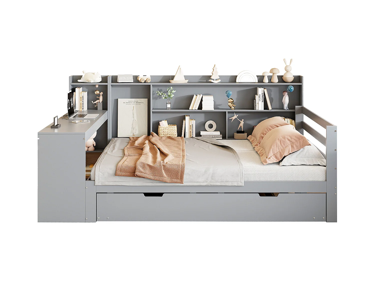 Cama nido 140x200 cm + 90x190 cm - con escritorio, compartimentos y tomas USB - Pino + contrachapado + MDF - Gris