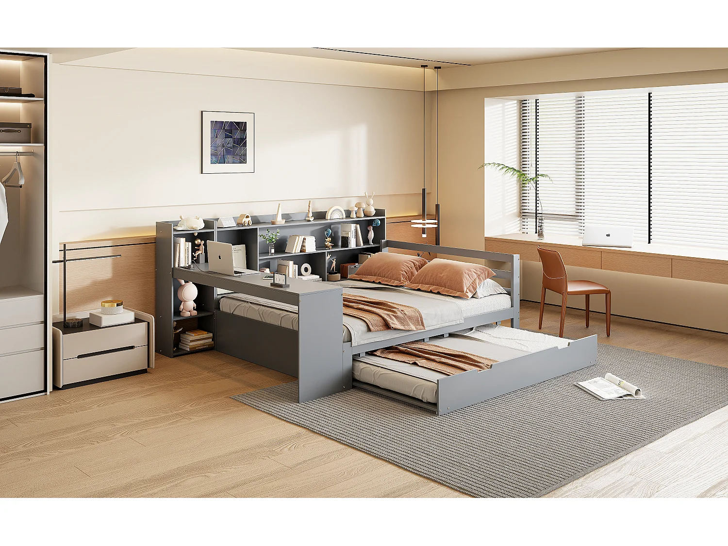 Ausziehbett 140 x 200 cm + 90 x 190 cm – mit Schreibtisch, Fächern und USB-Anschlüssen – Kiefer + Sperrholz + MDF – Grau