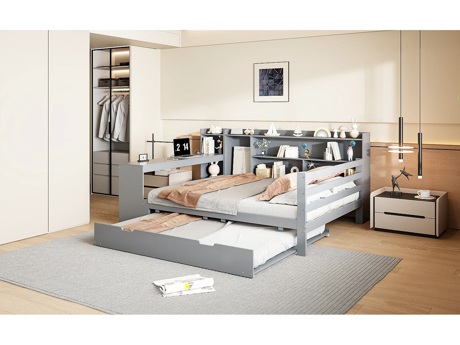 Ausziehbett 140 x 200 cm + 90 x 190 cm – mit Schreibtisch, Fächern und USB-Anschlüssen – Kiefer + Sperrholz + MDF – Grau