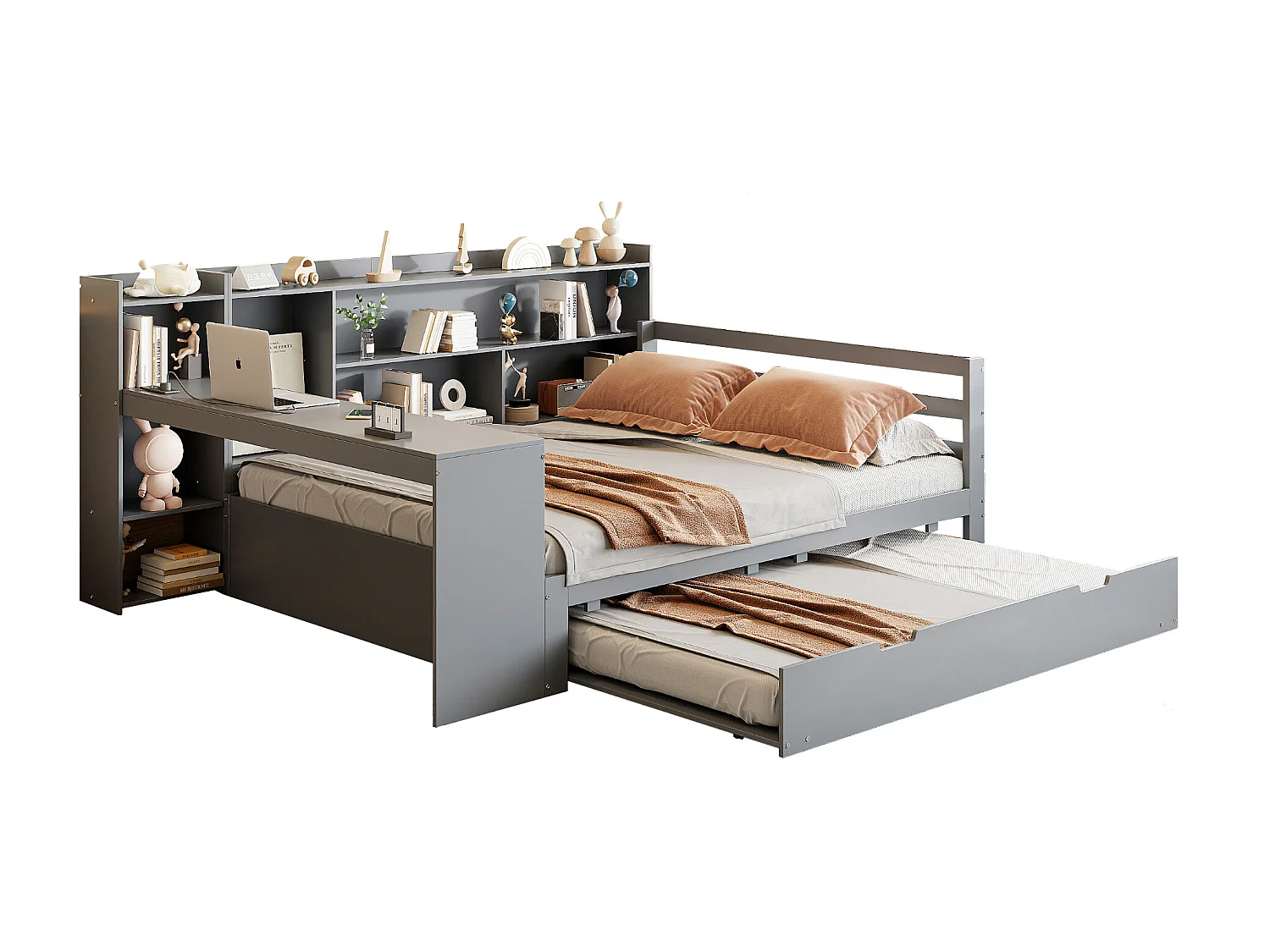 Ausziehbett 140 x 200 cm + 90 x 190 cm – mit Schreibtisch, Fächern und USB-Anschlüssen – Kiefer + Sperrholz + MDF – Grau