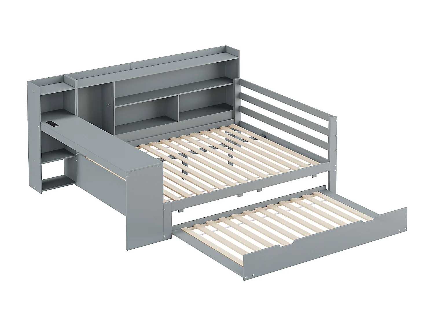 Ausziehbett 140 x 200 cm + 90 x 190 cm – mit Schreibtisch, Fächern und USB-Anschlüssen – Kiefer + Sperrholz + MDF – Grau