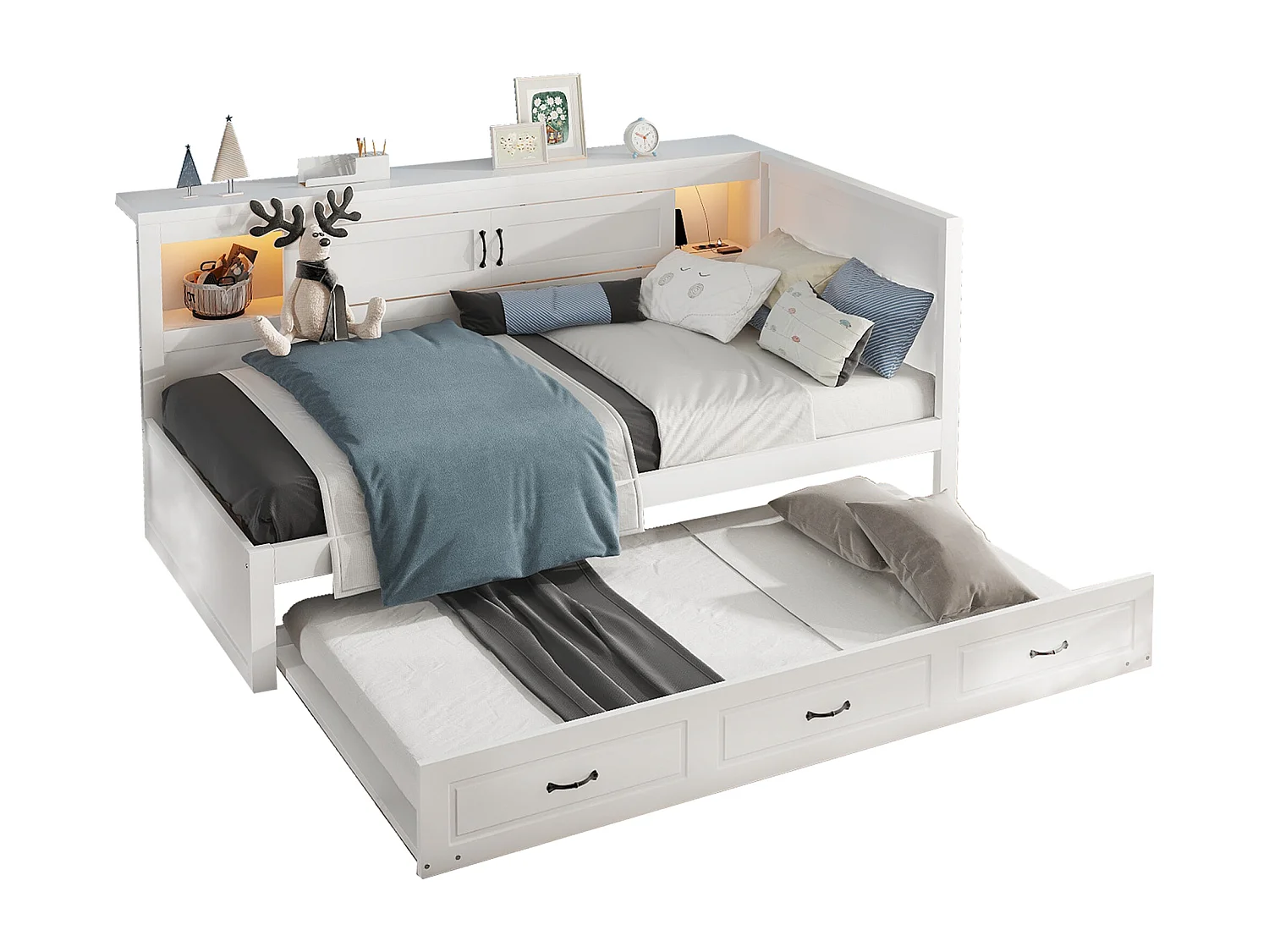 Lit gigogne 90 x 200 cm + 90 x 190 cm avec 2 portes coulissantes et prises USB - LEDs - Aggloméré + MDF - Blanc (sans matelas)