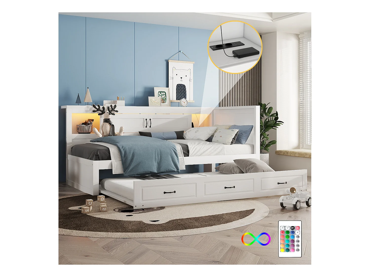 Ausziehbett 90 x 200 cm + 90 x 190 cm mit 2 Schiebetüren und USB-Steckdosen - LEDs - Spanplatte + MDF - Weiß (ohne Matratze)