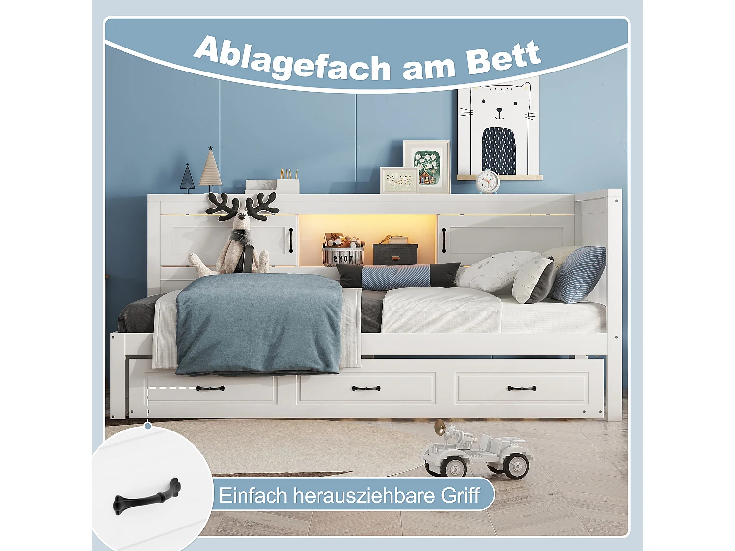 Letto estraibile 90 x 200 cm + 90 x 190 cm con 2 porte scorrevoli e prese USB - LED - Truciolato + MDF - Bianco (senza materasso)