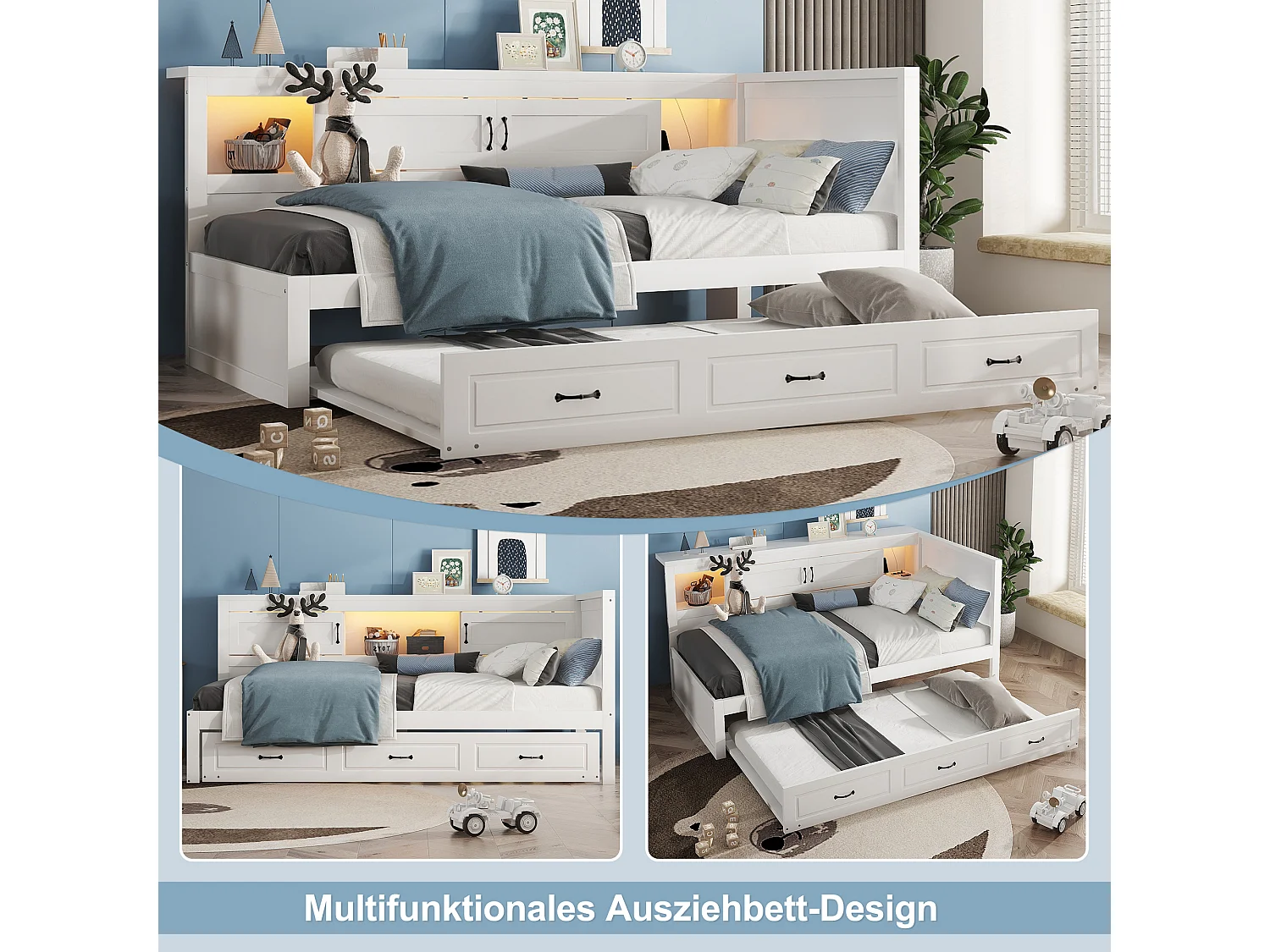 Letto estraibile 90 x 200 cm + 90 x 190 cm con 2 porte scorrevoli e prese USB - LED - Truciolato + MDF - Bianco (senza materasso)