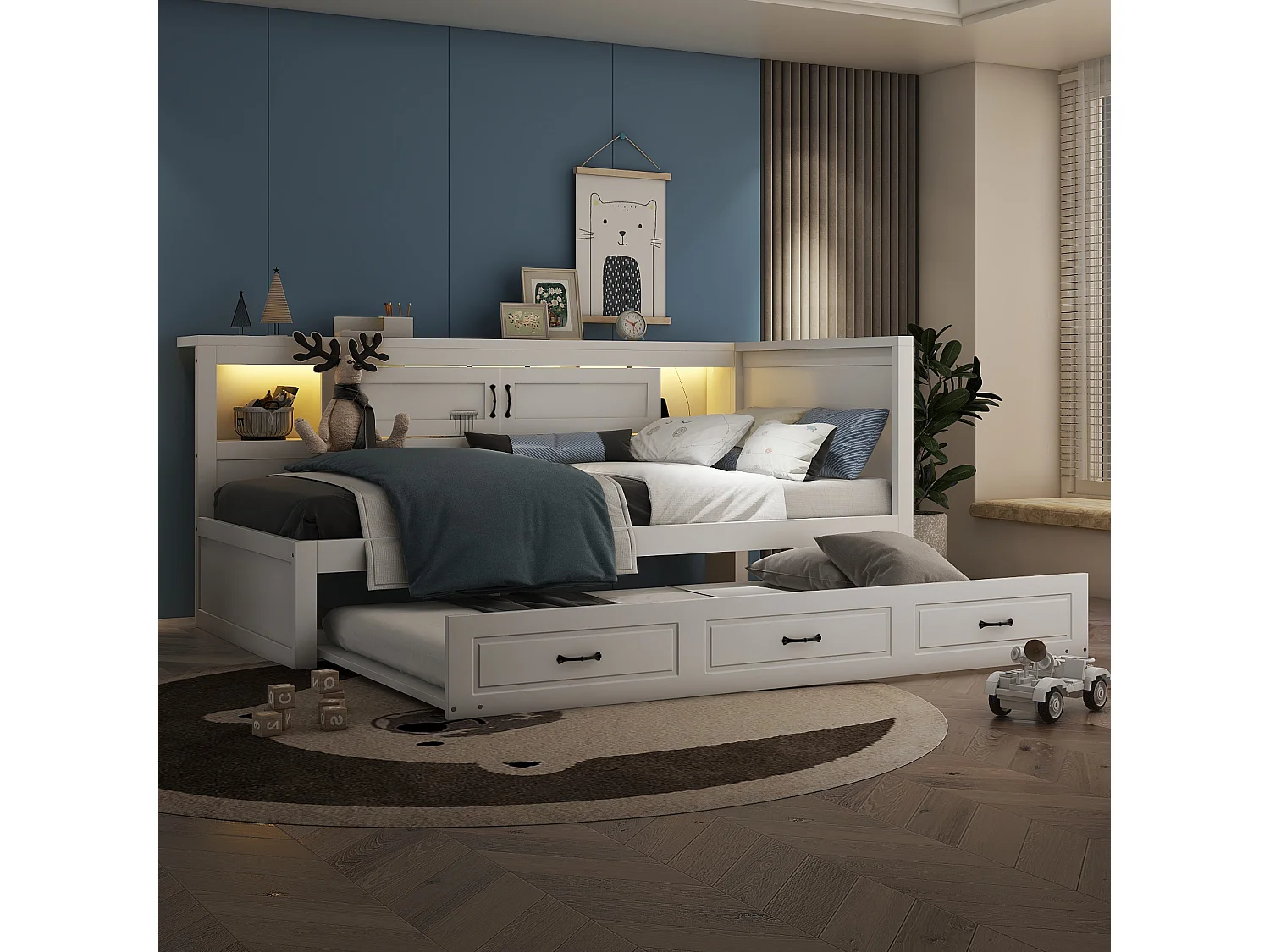 Letto estraibile 90 x 200 cm + 90 x 190 cm con 2 porte scorrevoli e prese USB - LED - Truciolato + MDF - Bianco (senza materasso)