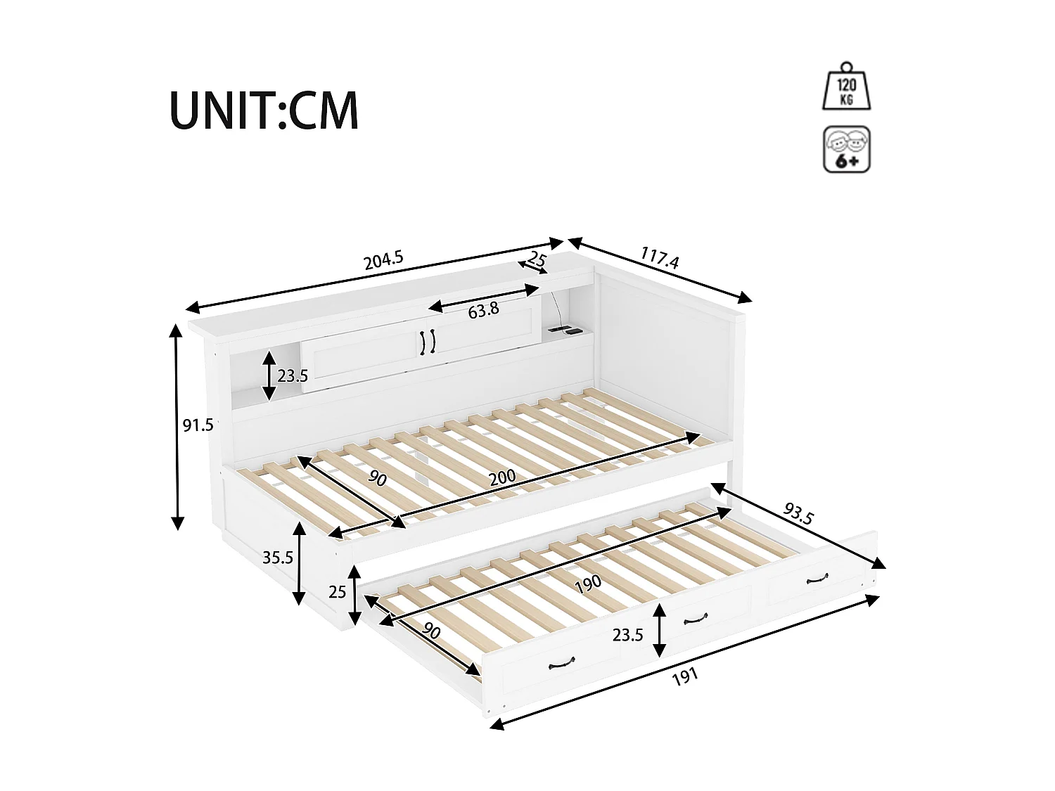 Letto estraibile 90 x 200 cm + 90 x 190 cm con 2 porte scorrevoli e prese USB - LED - Truciolato + MDF - Bianco (senza materasso)