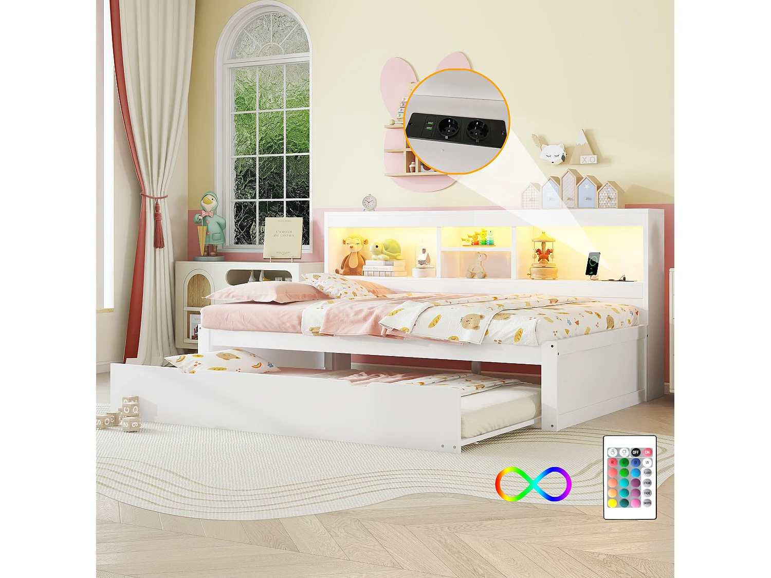 Łóżko wysuwane 90 x 200 cm + 90 x 190 cm z przegródkami i portami USB - LED - Płyta wiórowa + MDF - Białe (bez materaca)