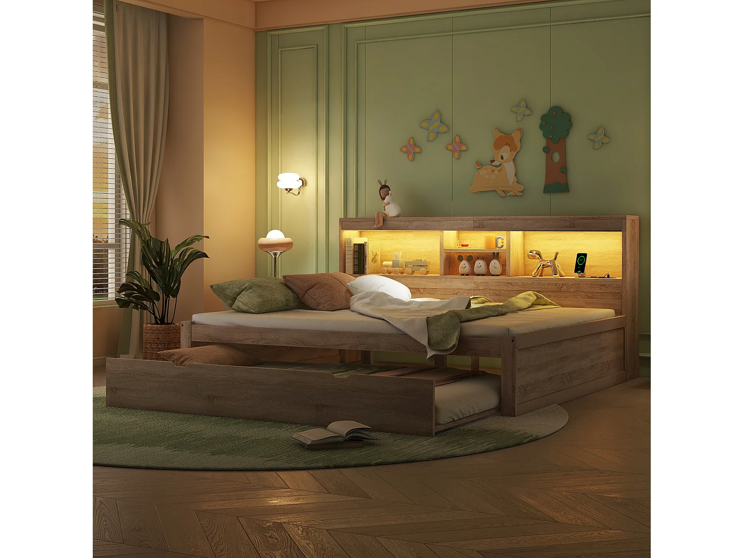 Cama nido 140x200 cm + 90x190 cm con compartimentos y tomas USB - LED - Aglomerado + MDF - Natural (sin colchón)