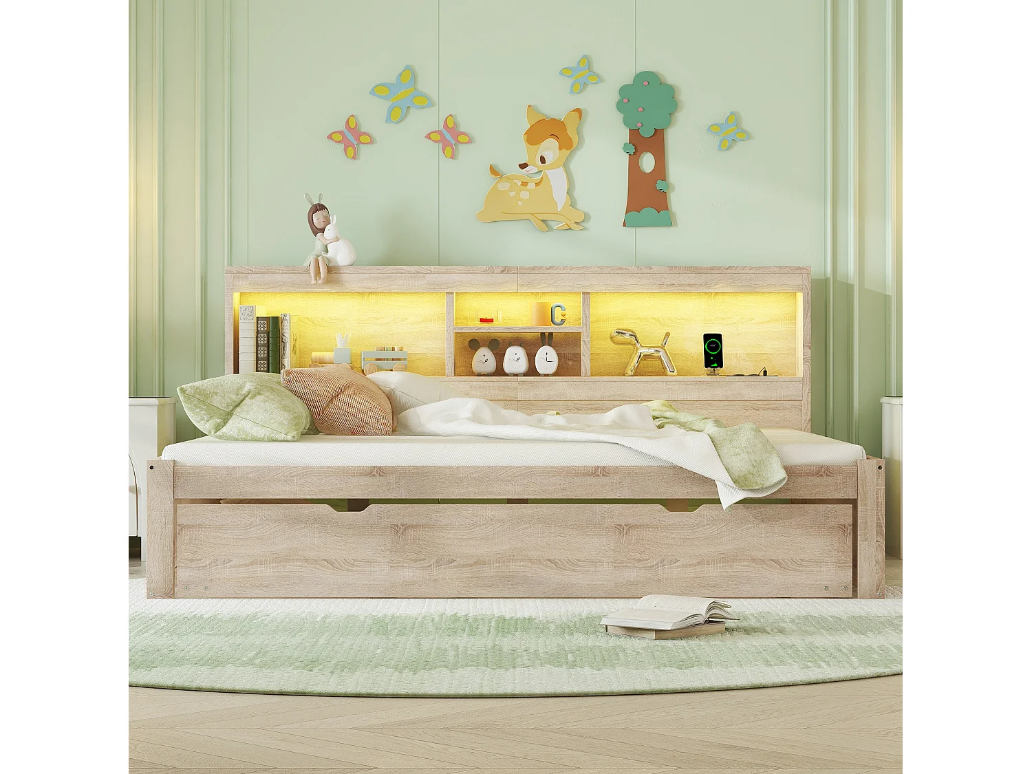 Cama nido 140x200 cm + 90x190 cm con compartimentos y tomas USB - LED - Aglomerado + MDF - Natural (sin colchón)