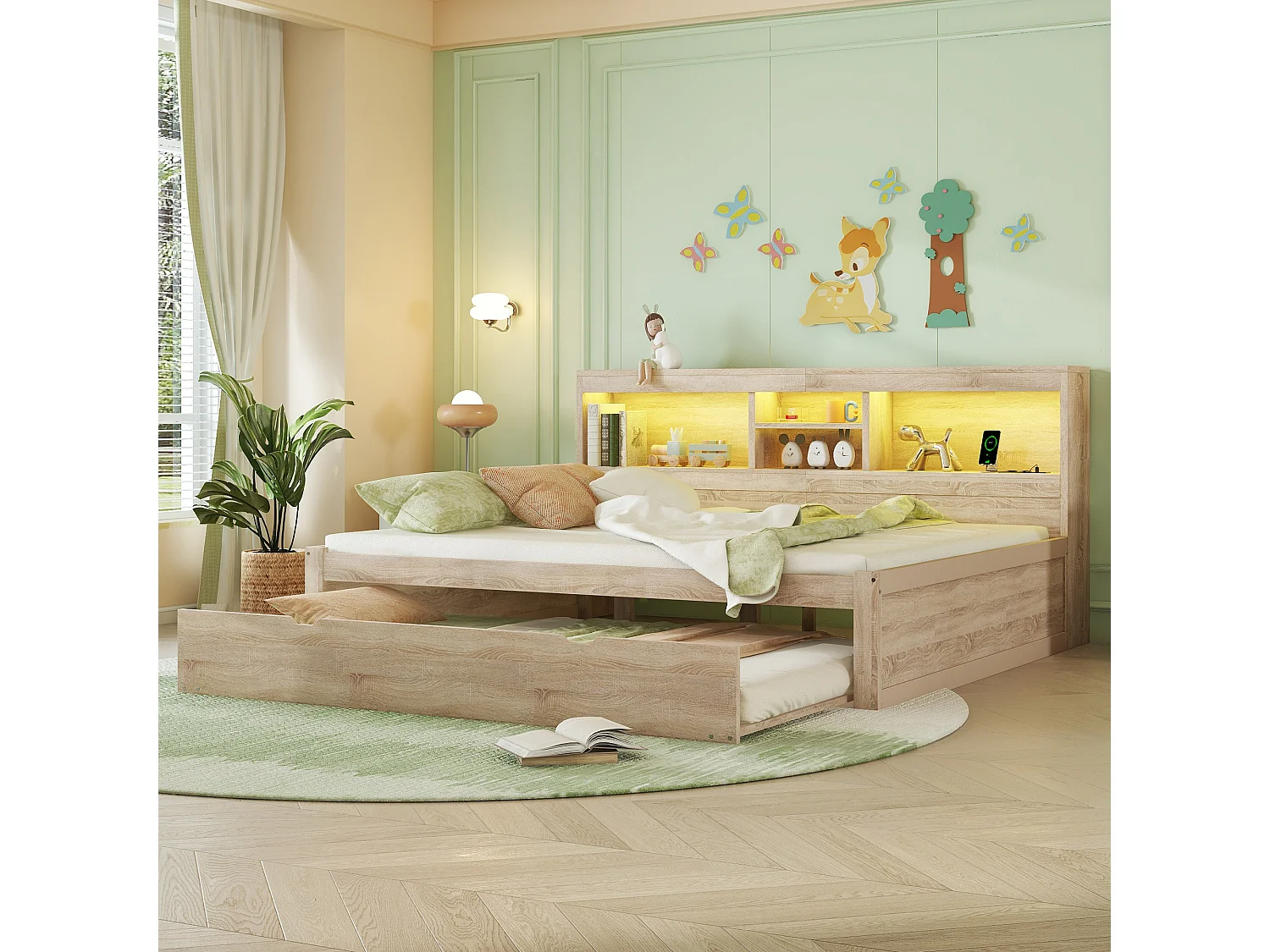 Cama nido 140x200 cm + 90x190 cm con compartimentos y tomas USB - LED - Aglomerado + MDF - Natural (sin colchón)