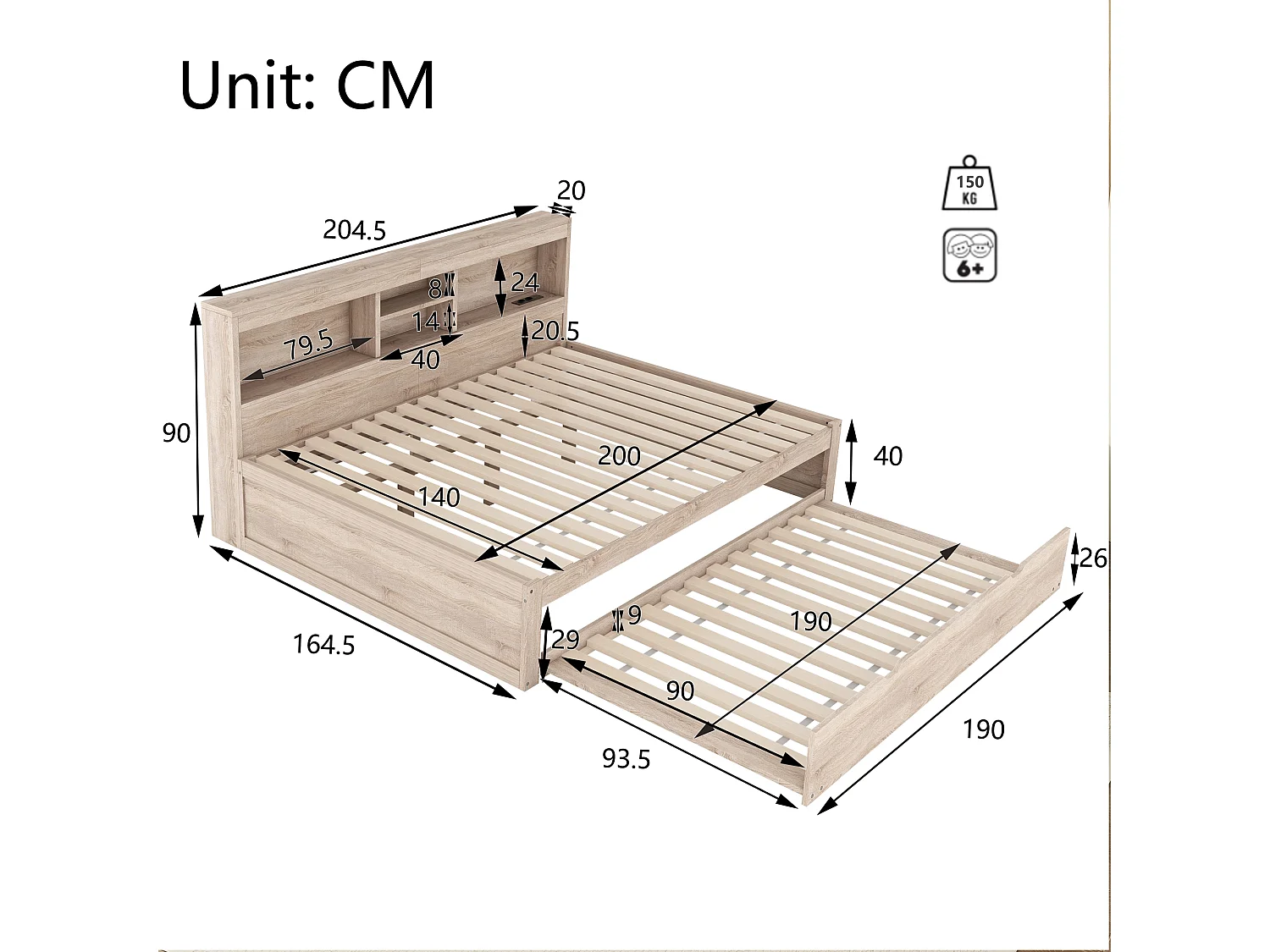 Cama nido 140x200 cm + 90x190 cm con compartimentos y tomas USB - LED - Aglomerado + MDF - Natural (sin colchón)