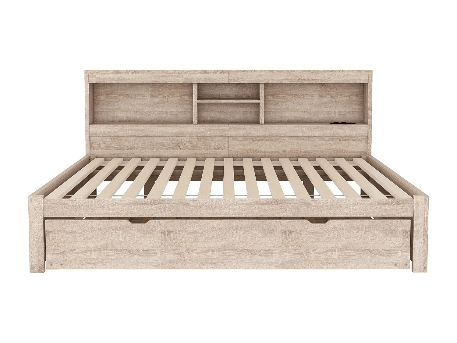 Cama nido 140x200 cm + 90x190 cm con compartimentos y tomas USB - LED - Aglomerado + MDF - Natural (sin colchón)