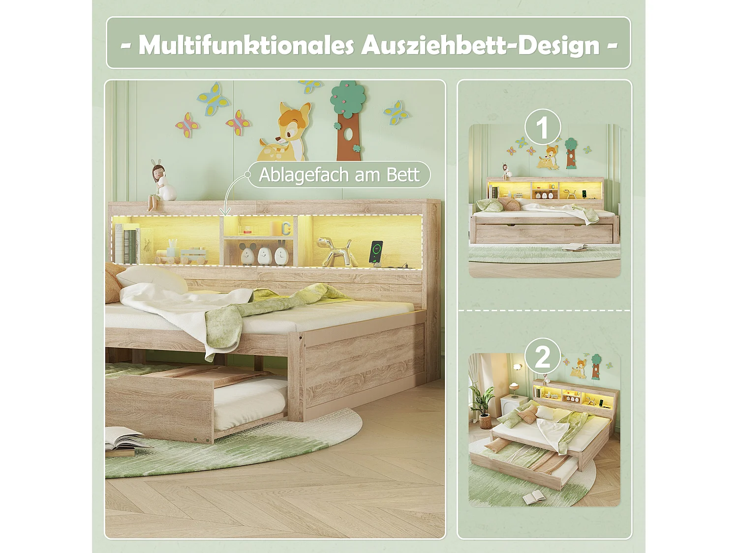 Lit gigogne 140 x 200 cm + 90 x 190 cm avec compartiments et prises USB - LEDs - Aggloméré + MDF - Naturel (sans matelas)