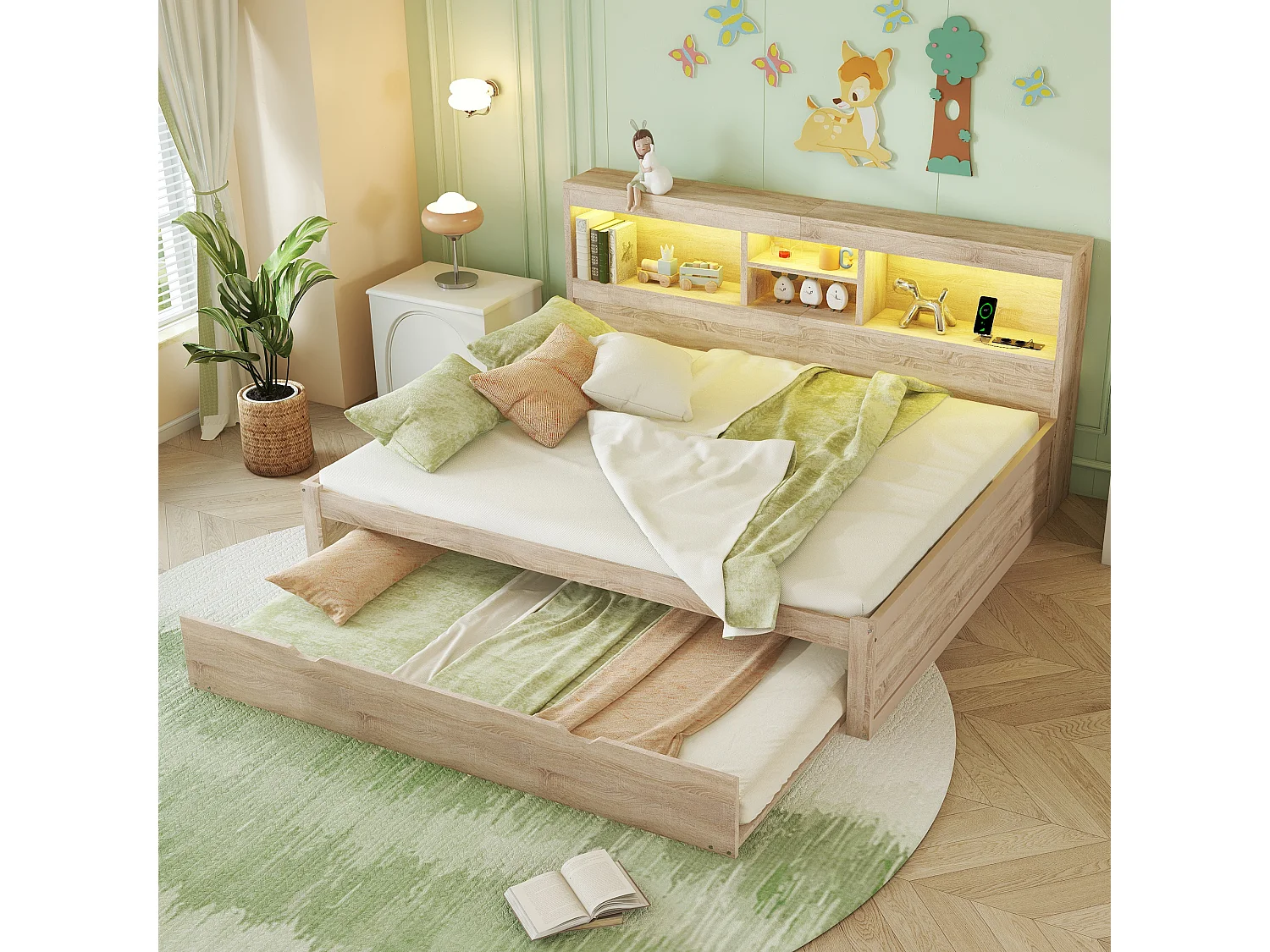 Lit gigogne 140 x 200 cm + 90 x 190 cm avec compartiments et prises USB - LEDs - Aggloméré + MDF - Naturel (sans matelas)