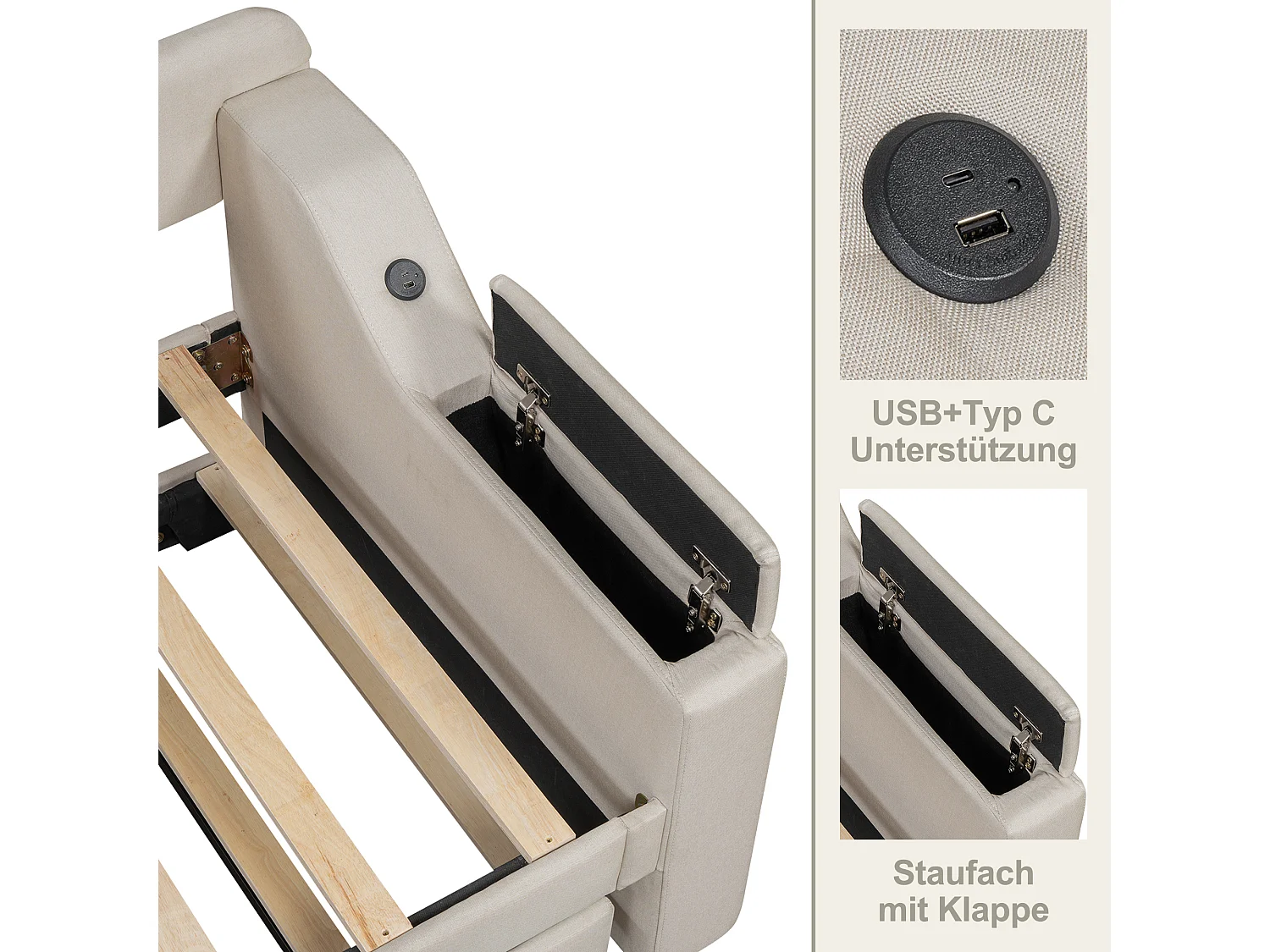 Ausziehbett 90 x 200 cm + 90 x 190 cm mit Kopfteil - USB- und Typ-C-Ladefunktion - Leinenstoff - Beige (ohne Matratze)