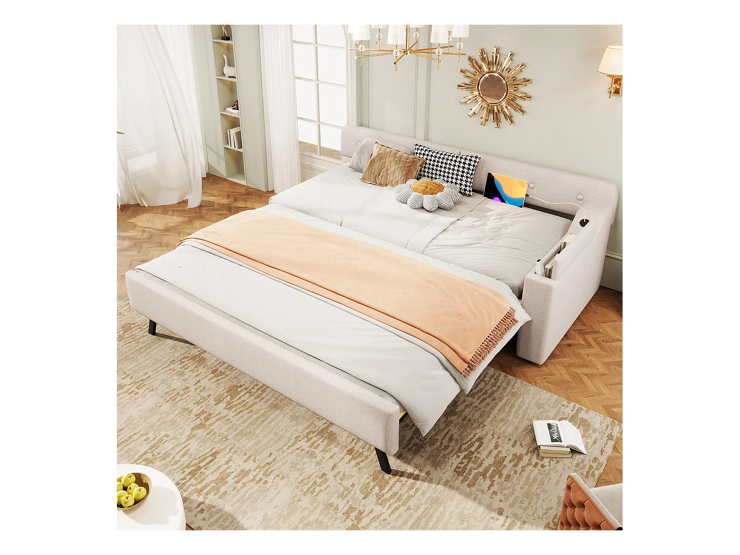 Lit gigogne 90 x 200 cm + 90 x 190 cm avec tête de lit - Charge USB et type-c - Tissu en lin - Beige (sans matelas)