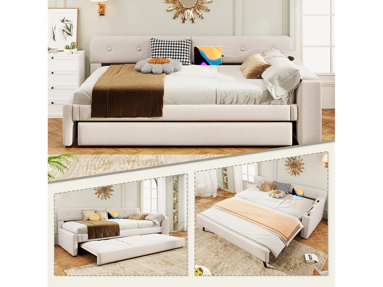 Uitschuifbed 90 x 200 cm + 90 x 190 cm met hoofdbord - USB en type-c opladen - Linnen stof - Beige (zonder matras)