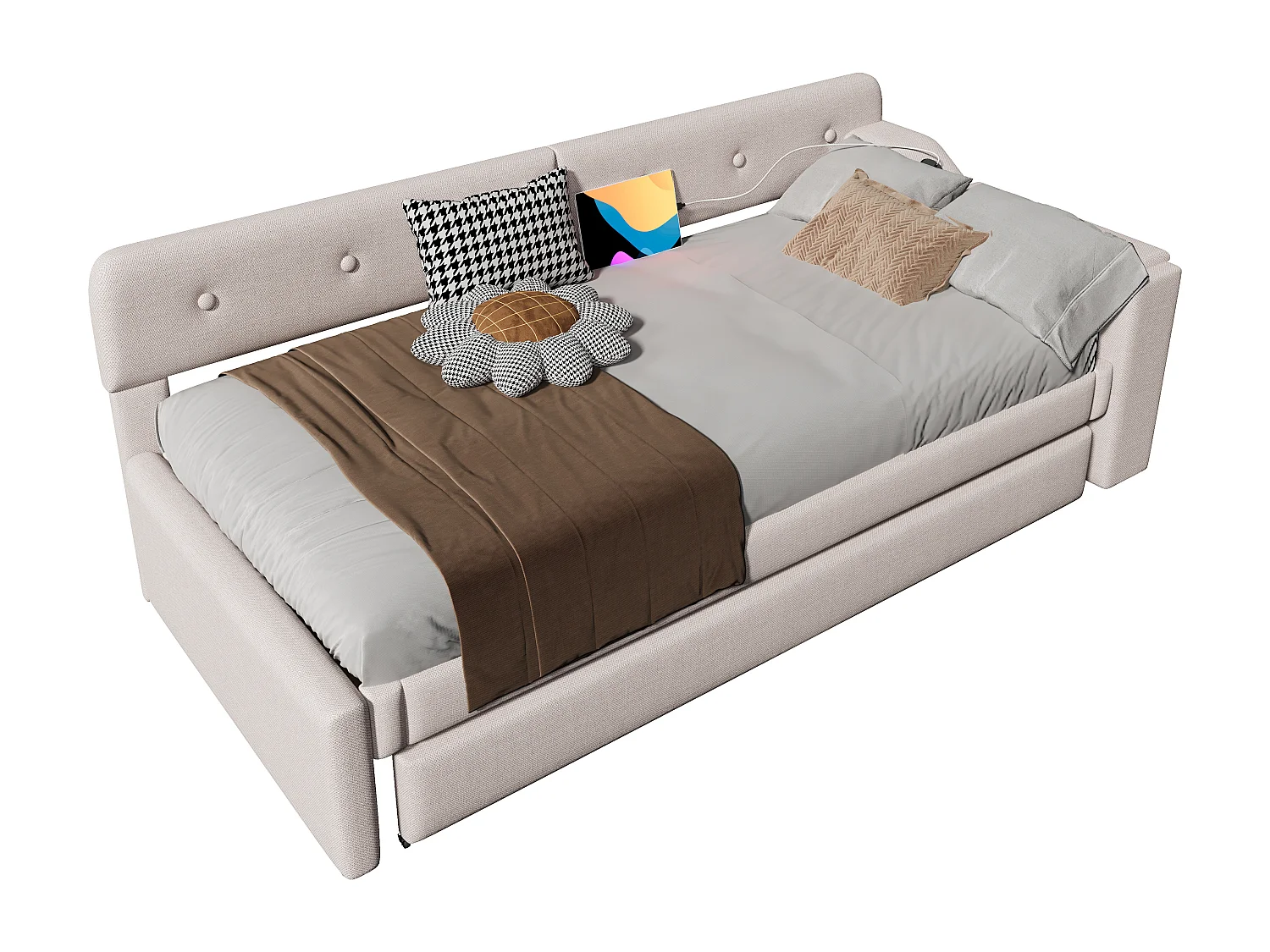Uitschuifbed 90 x 200 cm + 90 x 190 cm met hoofdbord - USB en type-c opladen - Linnen stof - Beige (zonder matras)