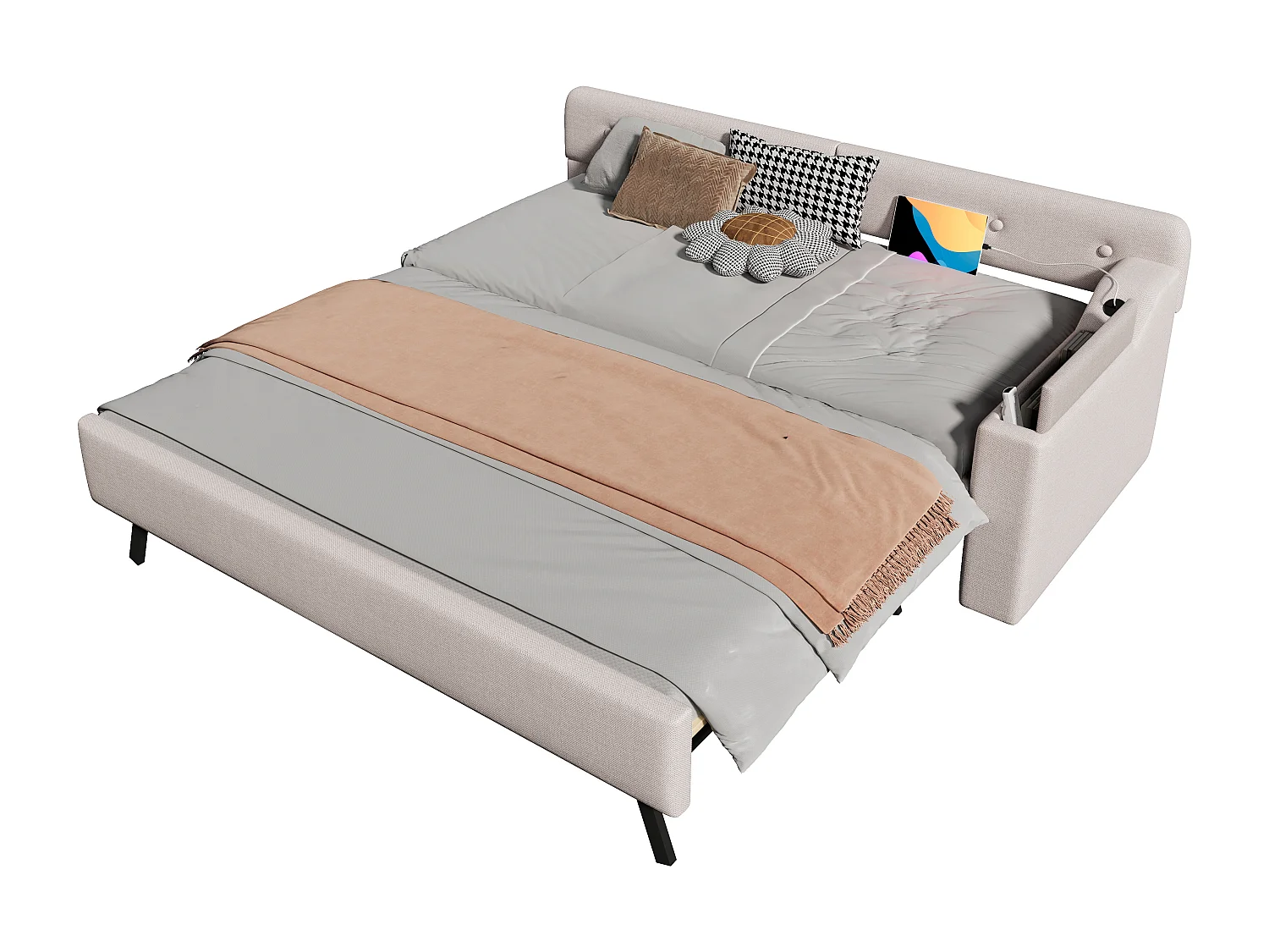 Uitschuifbed 90 x 200 cm + 90 x 190 cm met hoofdbord - USB en type-c opladen - Linnen stof - Beige (zonder matras)