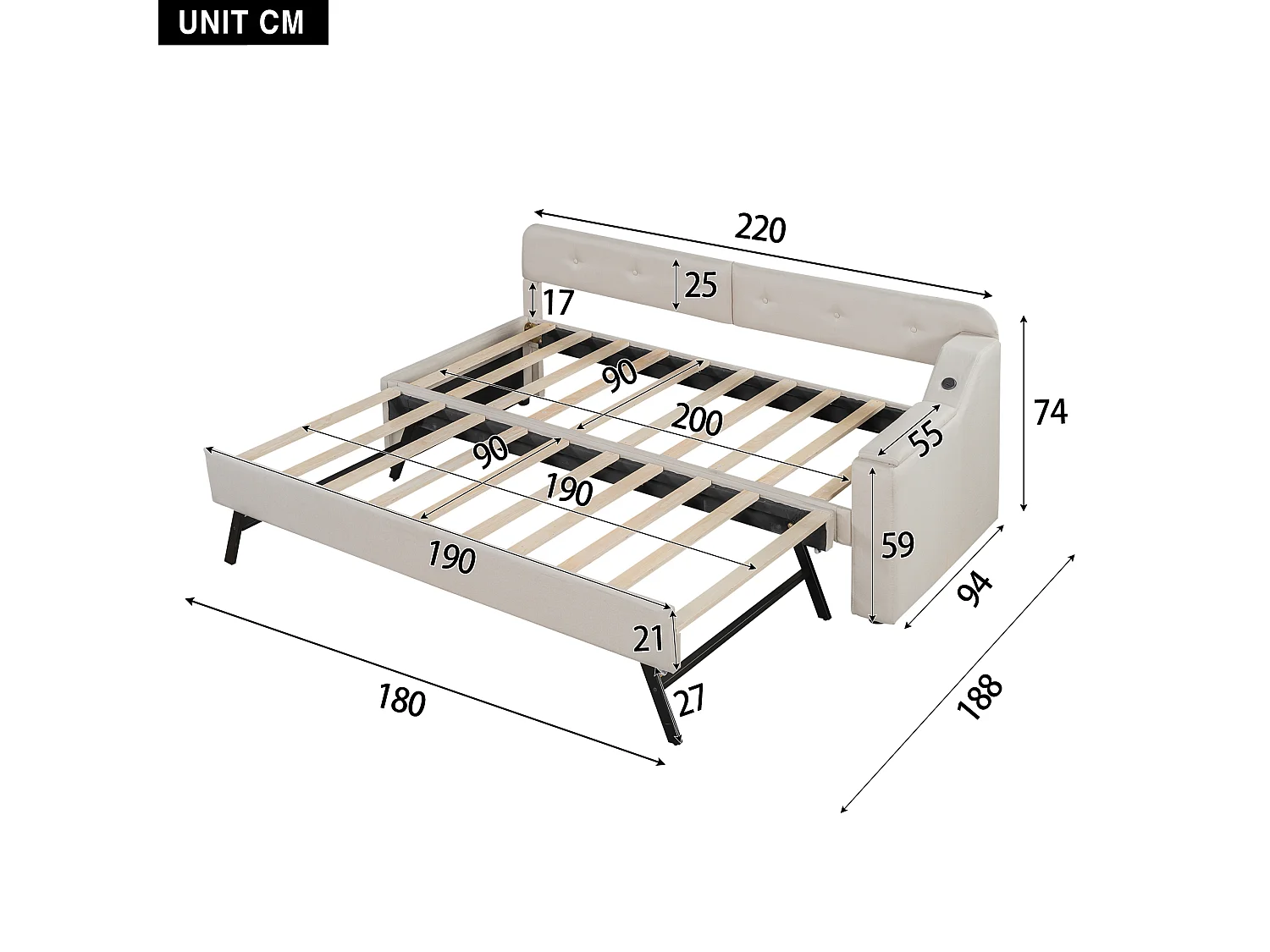 Uitschuifbed 90 x 200 cm + 90 x 190 cm met hoofdbord - USB en type-c opladen - Linnen stof - Beige (zonder matras)